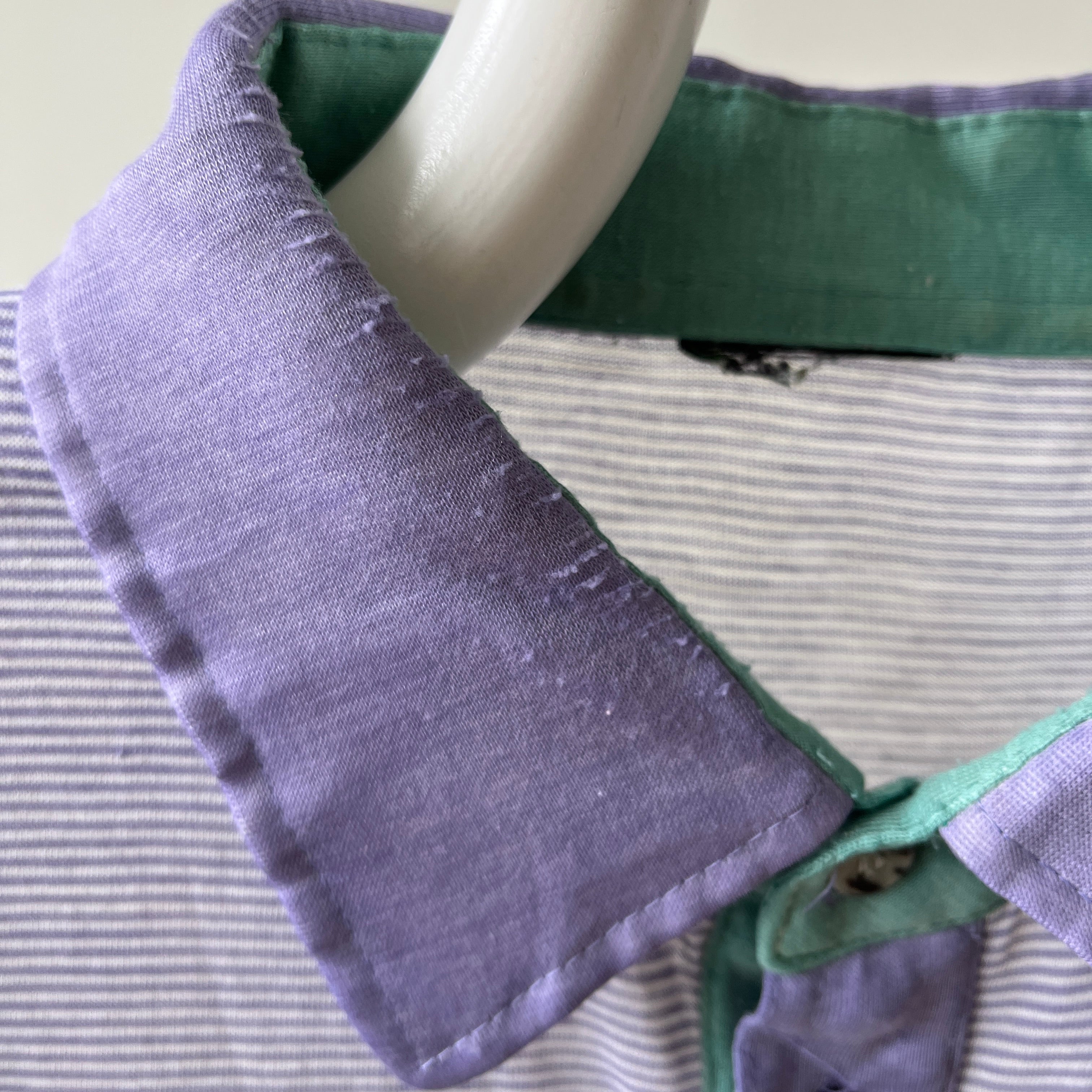 1980s Pastel Green And Purple Striped Polo Style T Shirt