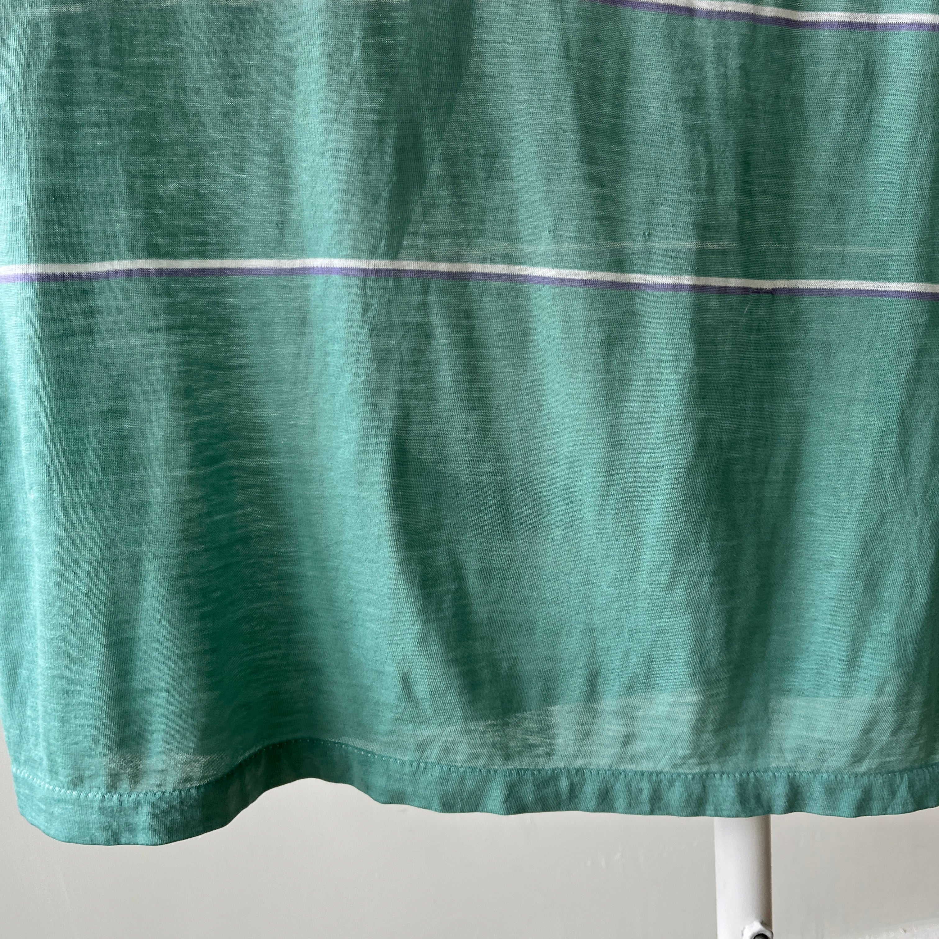 1980s Pastel Green And Purple Striped Polo Style T Shirt