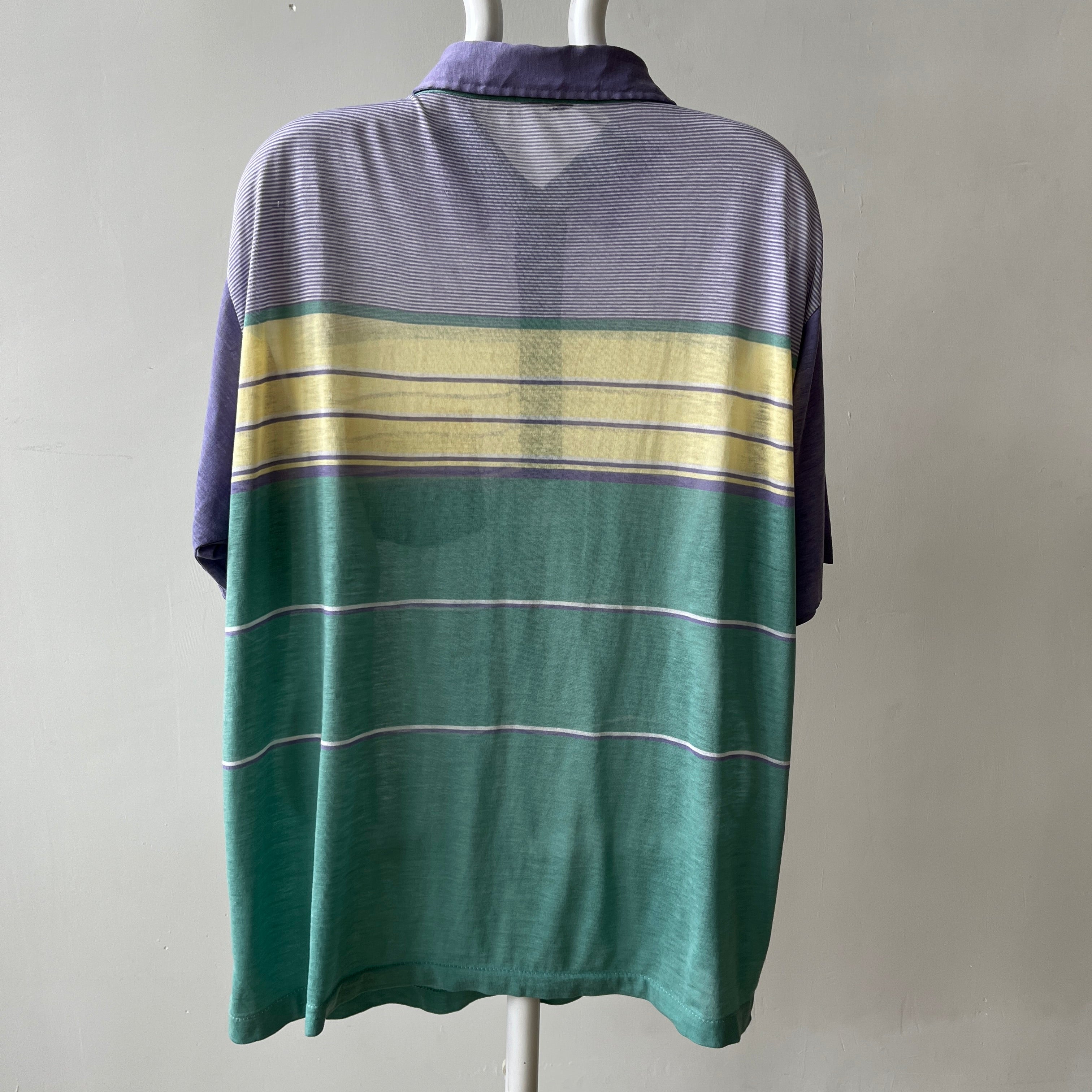 1980s Pastel Green And Purple Striped Polo Style T Shirt