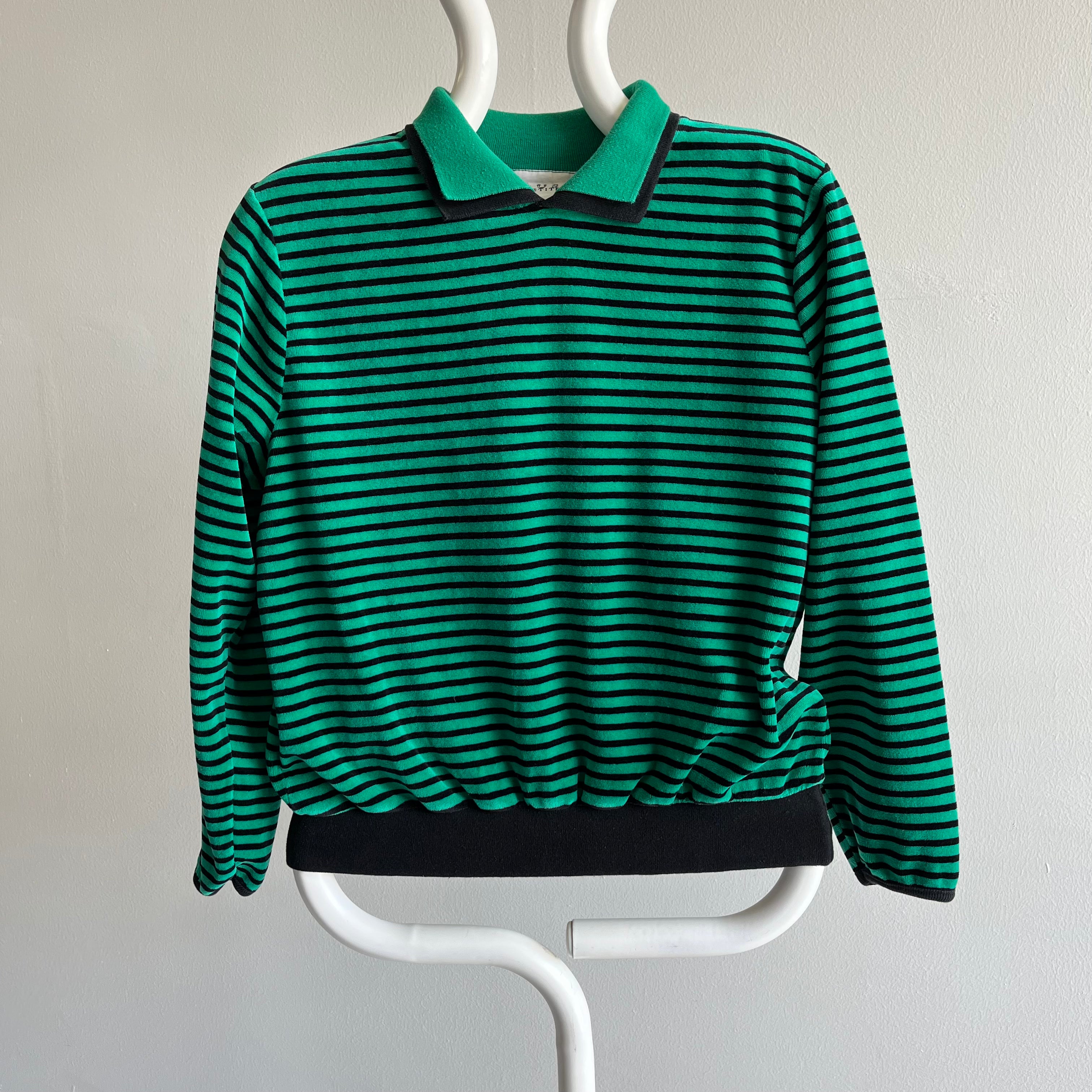 1980s Delightful Velour Striped Sweatshirt/Blouse/Top with a Built in Collar - OMG!