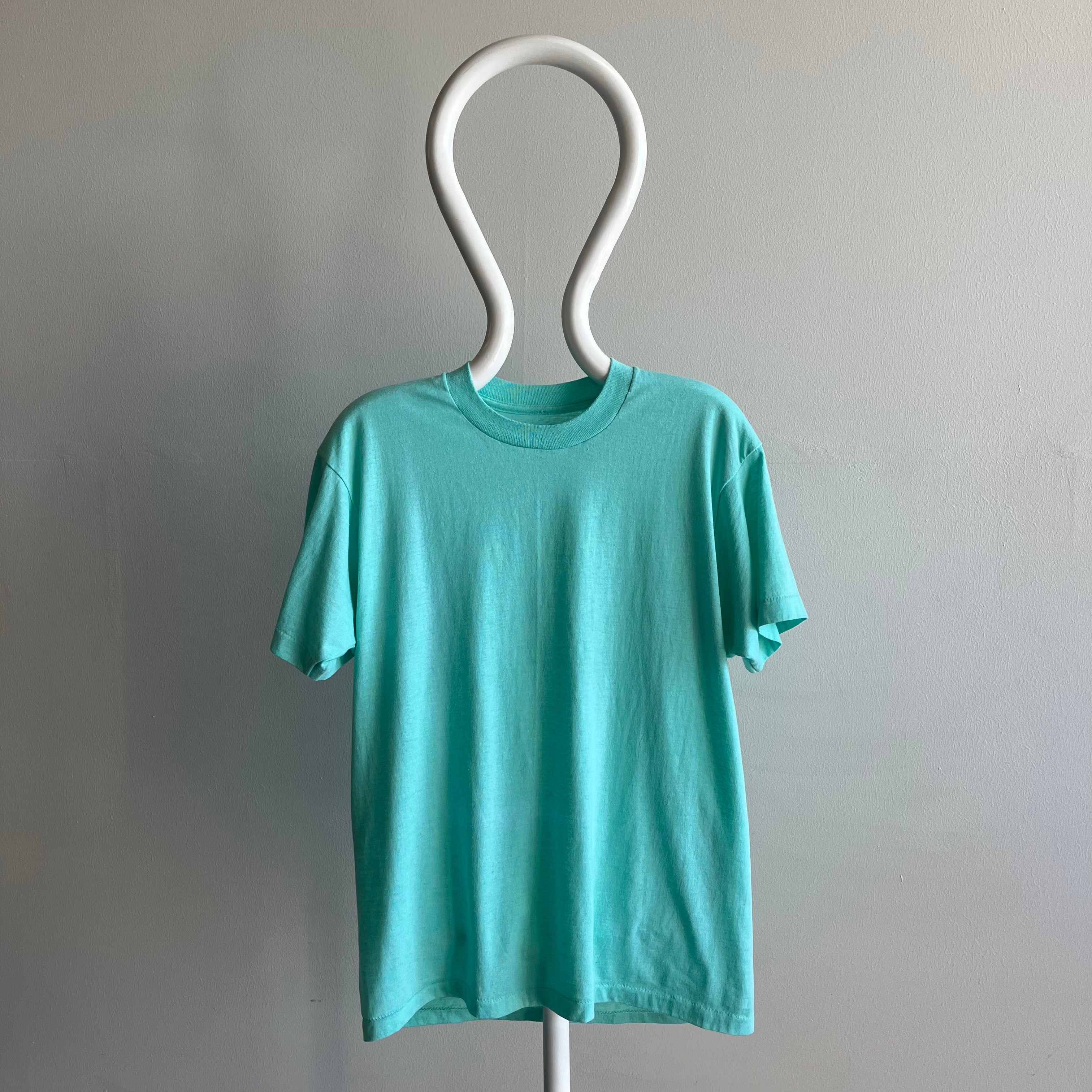 1980s Sea Foam Blue/Green Blank 50/50 T-Shirt with Fold Fades