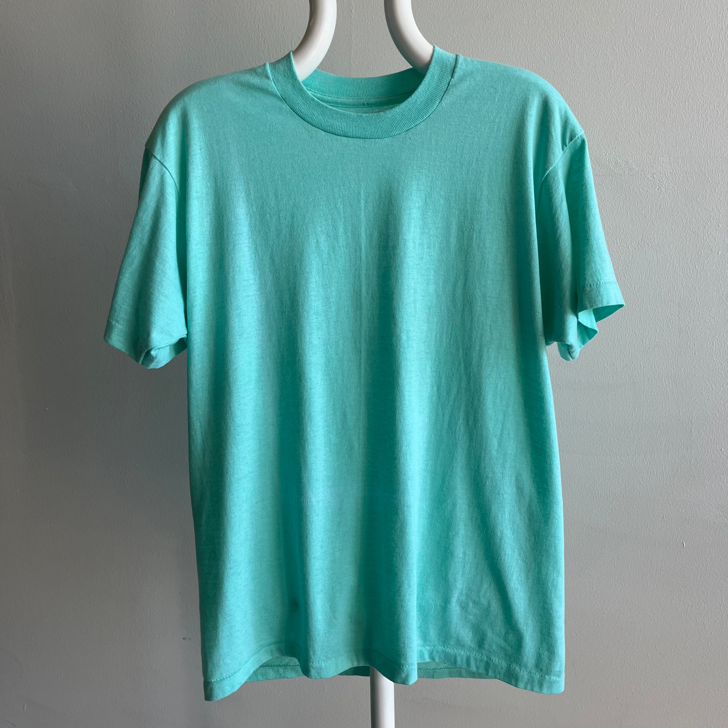 1980s Sea Foam Blue/Green Blank 50/50 T-Shirt with Fold Fades