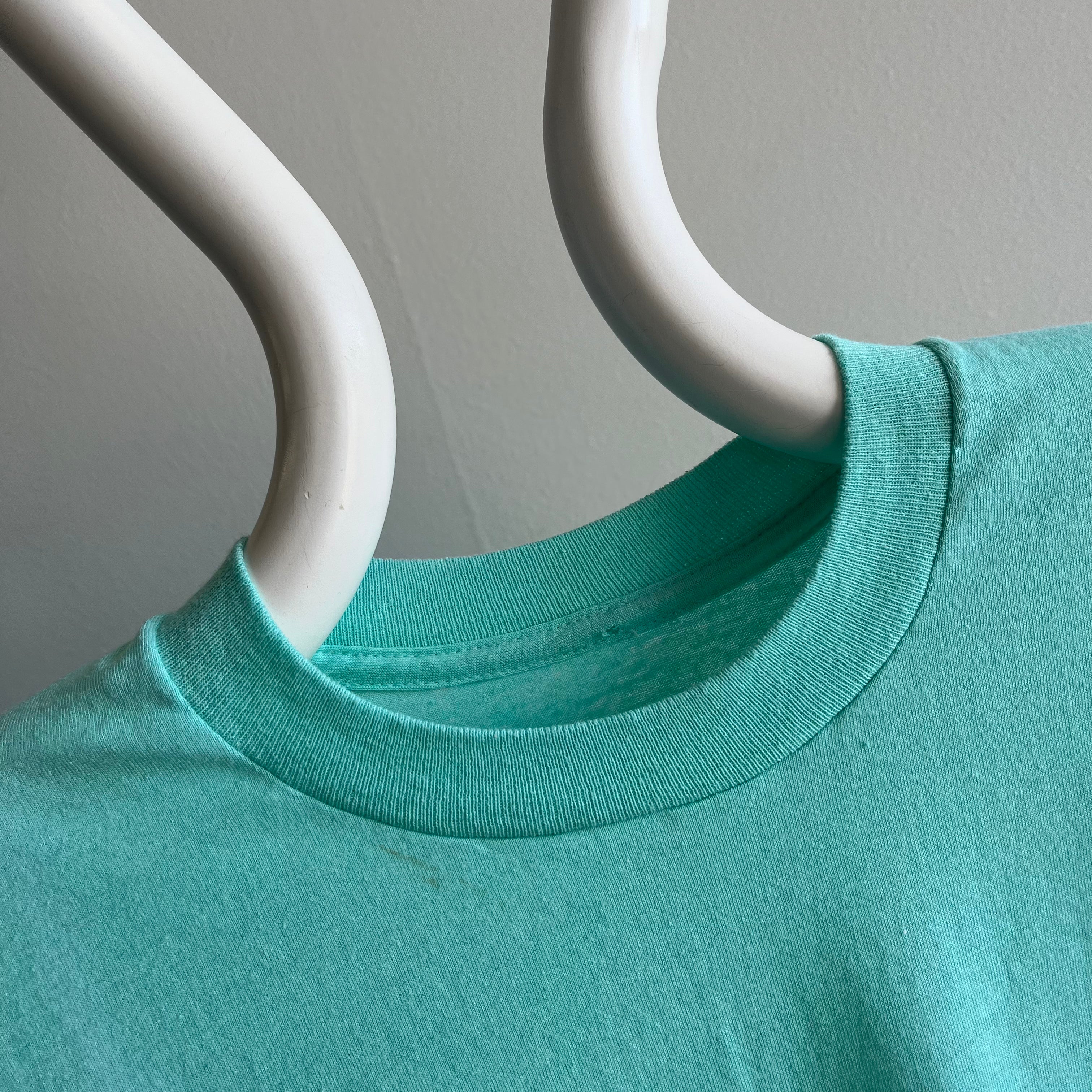 1980s Sea Foam Blue/Green Blank 50/50 T-Shirt with Fold Fades