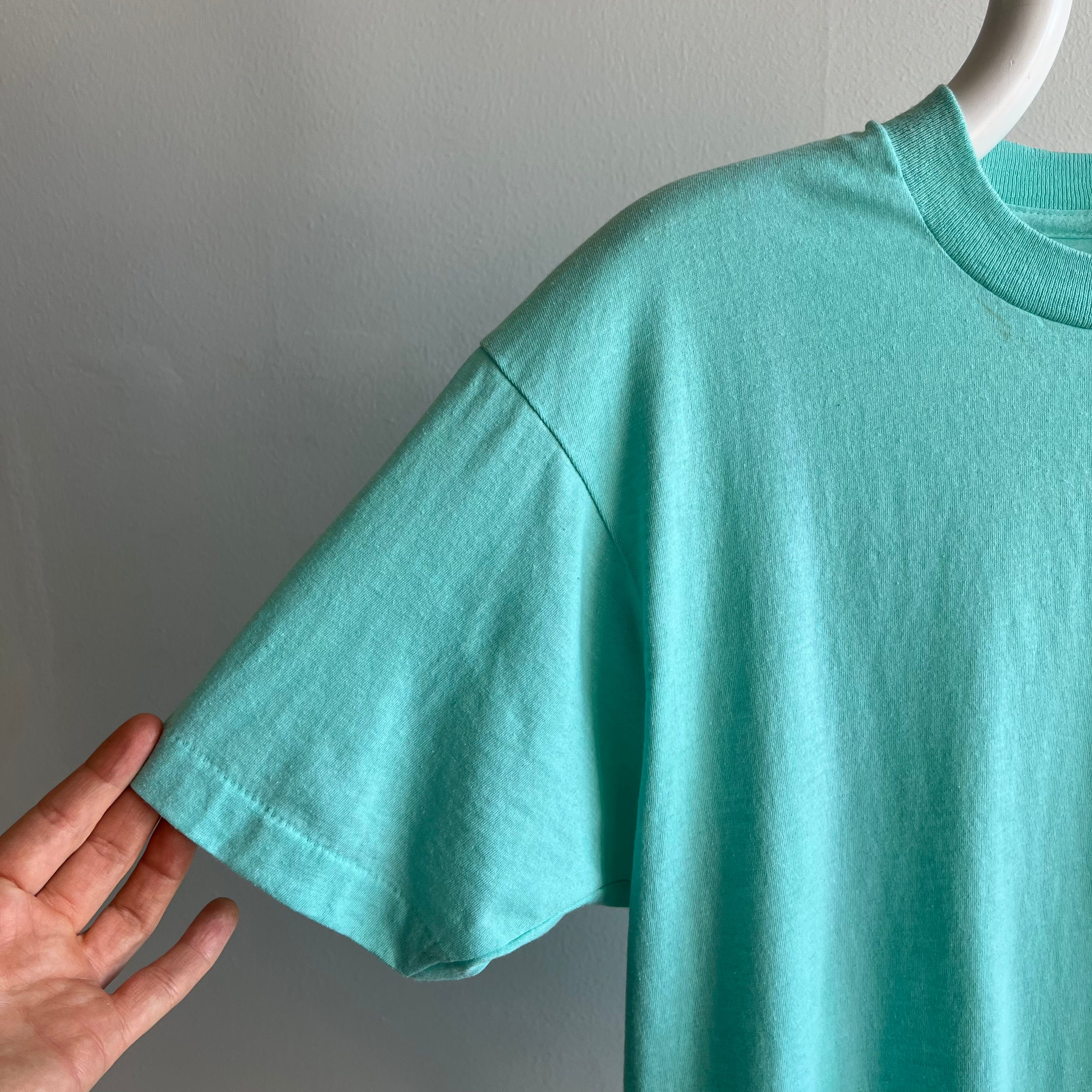 1980s Sea Foam Blue/Green Blank 50/50 T-Shirt with Fold Fades