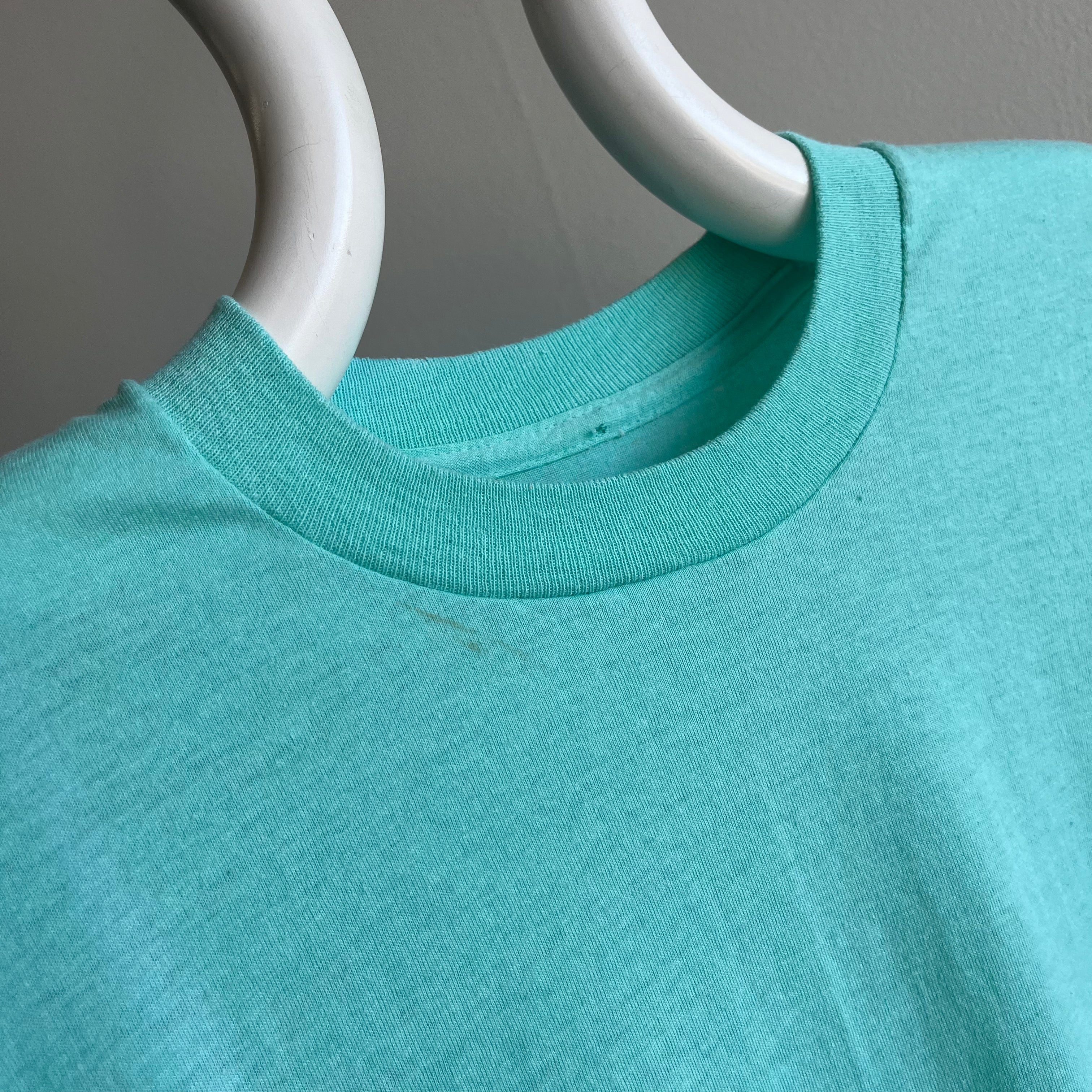 1980s Sea Foam Blue/Green Blank 50/50 T-Shirt with Fold Fades