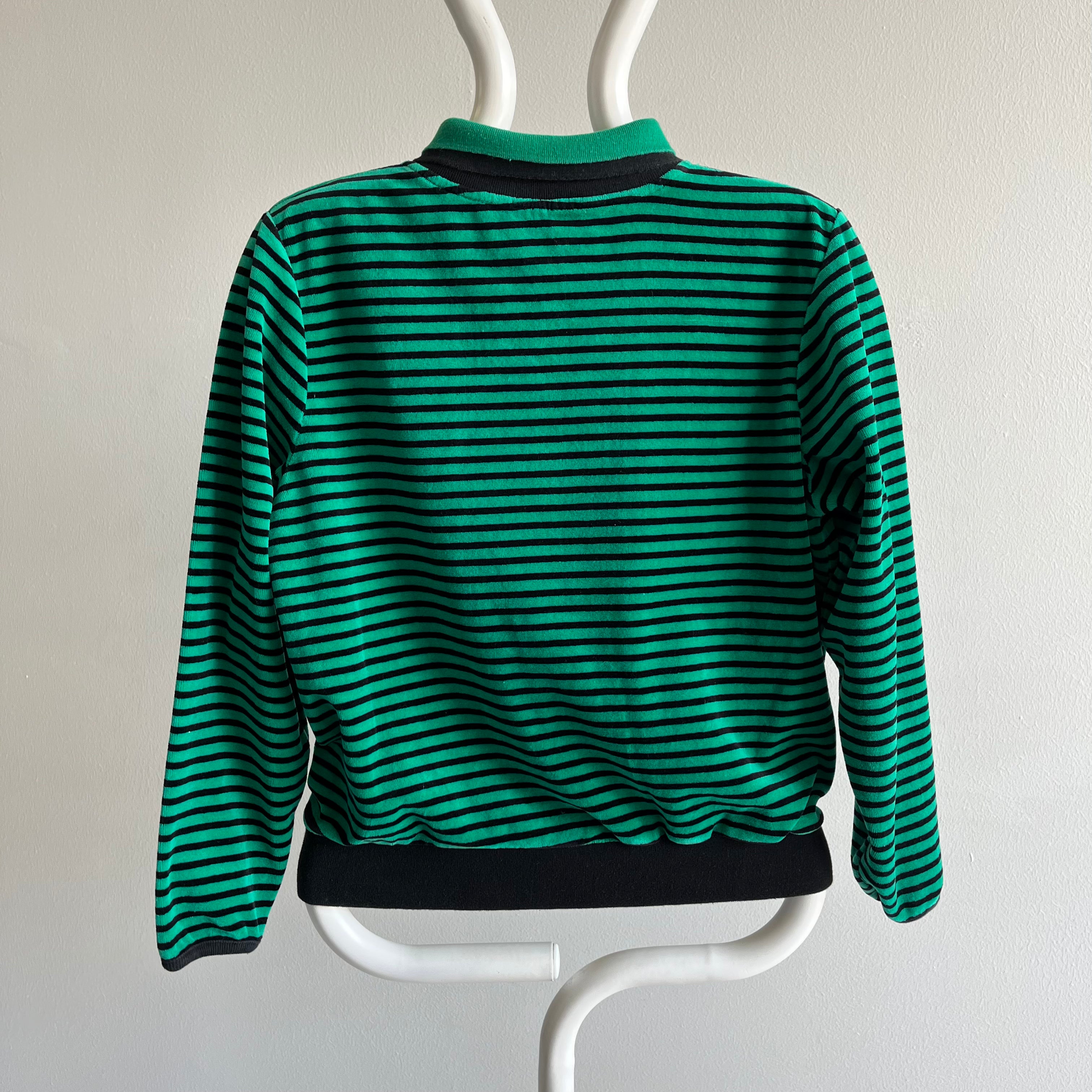 1980s Delightful Velour Striped Sweatshirt/Blouse/Top with a Built in Collar - OMG!