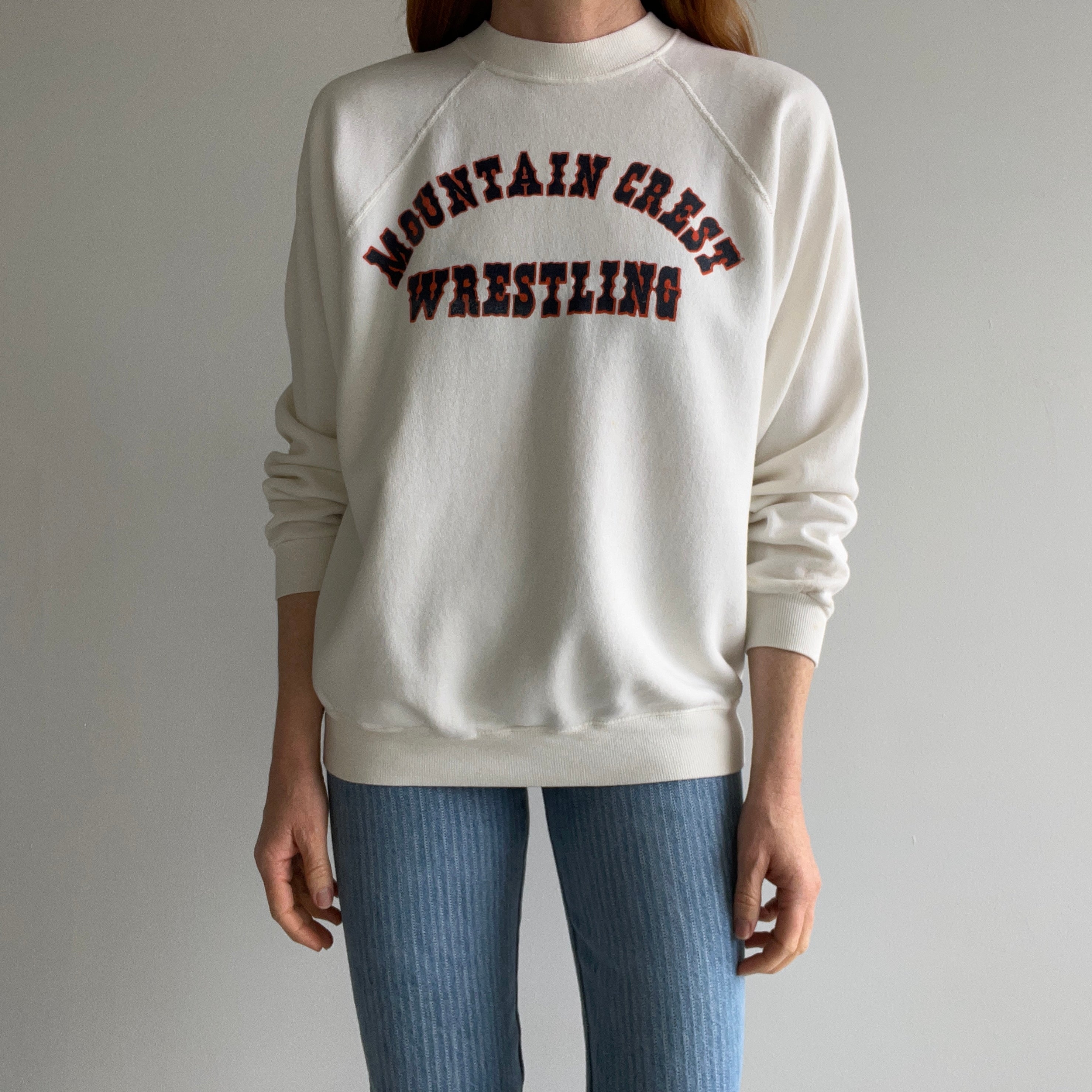 1980s Buttery Soft and Stained Mountain Crest Wrestling Sweatshirt