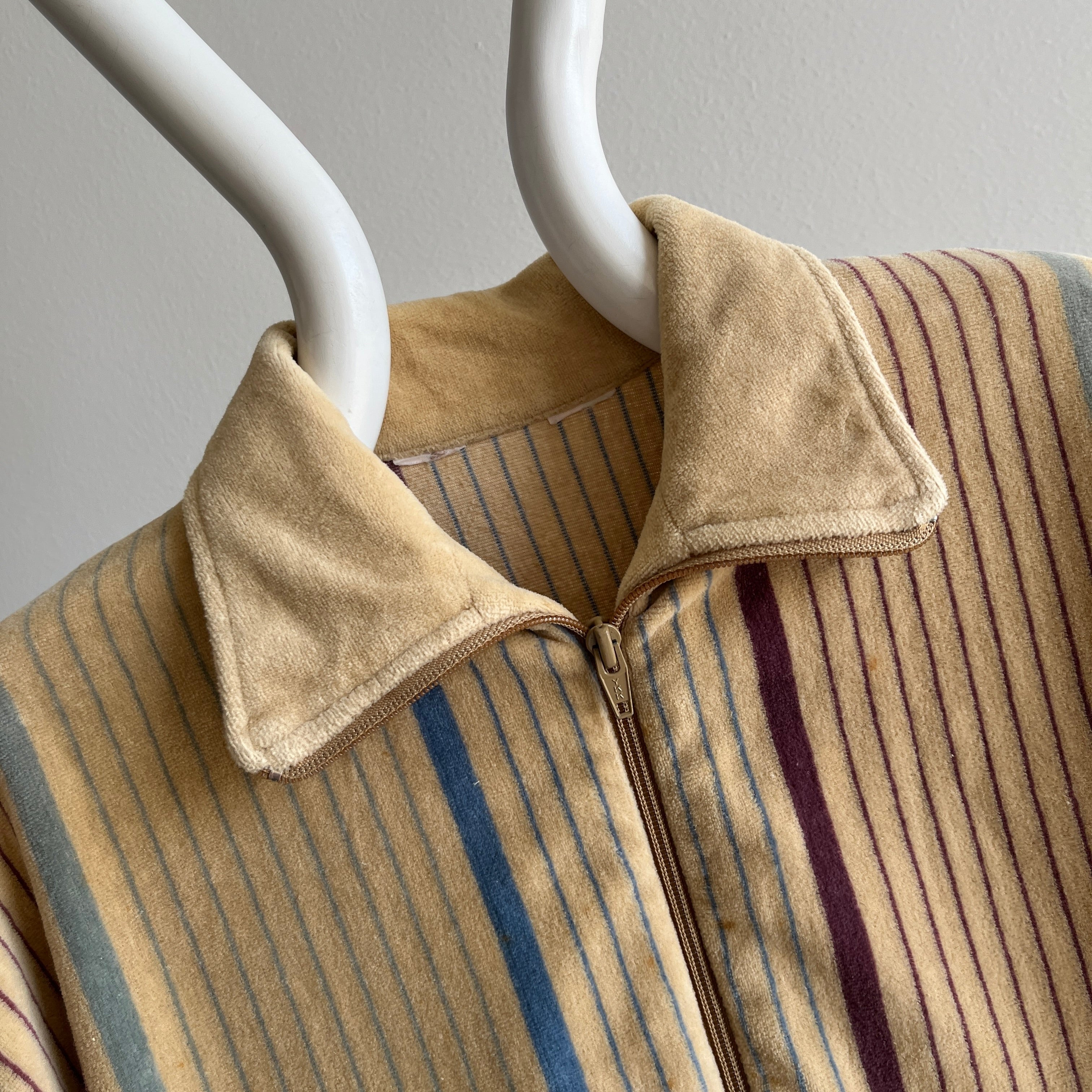 1980s Striped Velour Mock Neck Zip Up with Rust Age Spotting