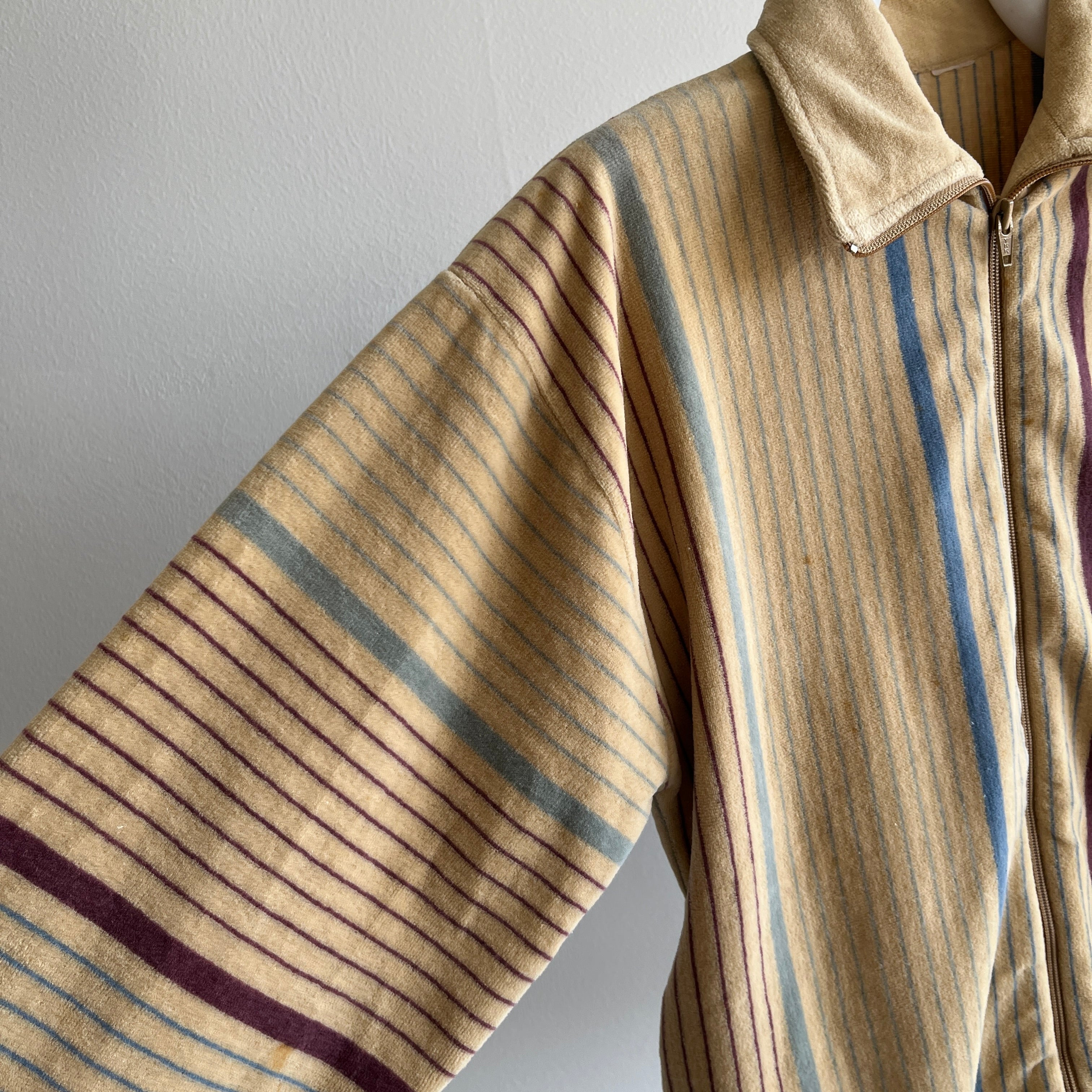 1980s Striped Velour Mock Neck Zip Up with Rust Age Spotting