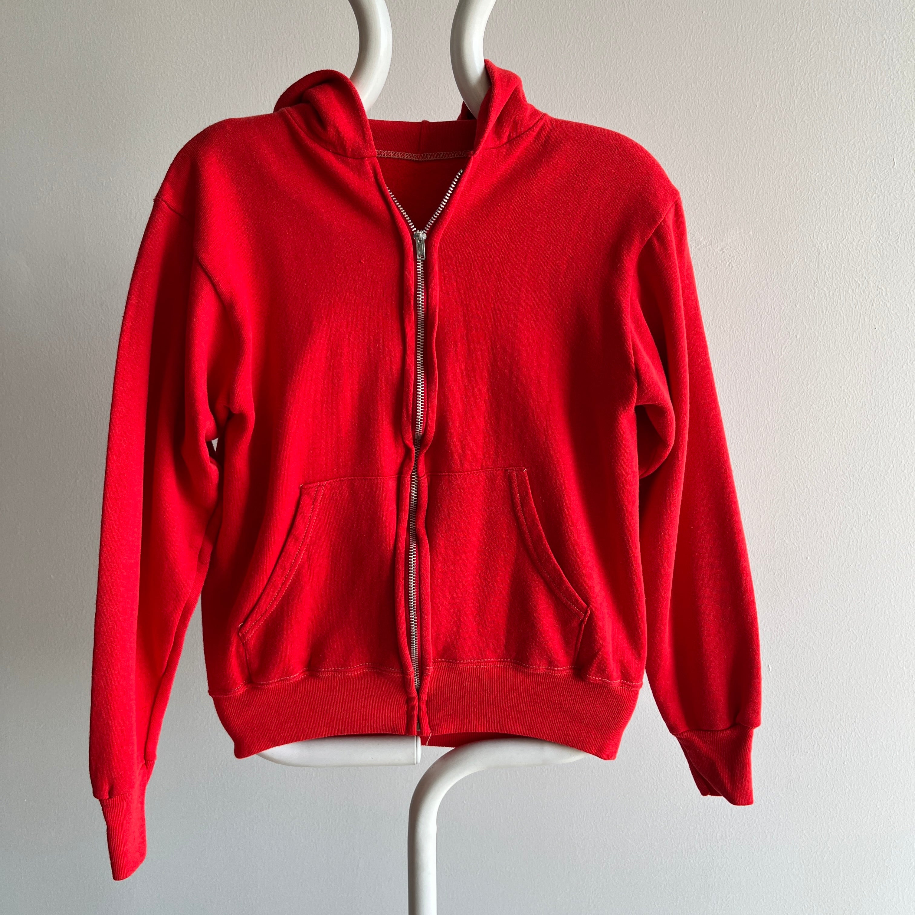 1980s Epic Faded/Vibrant Red Hoodie with Contrast Stitching