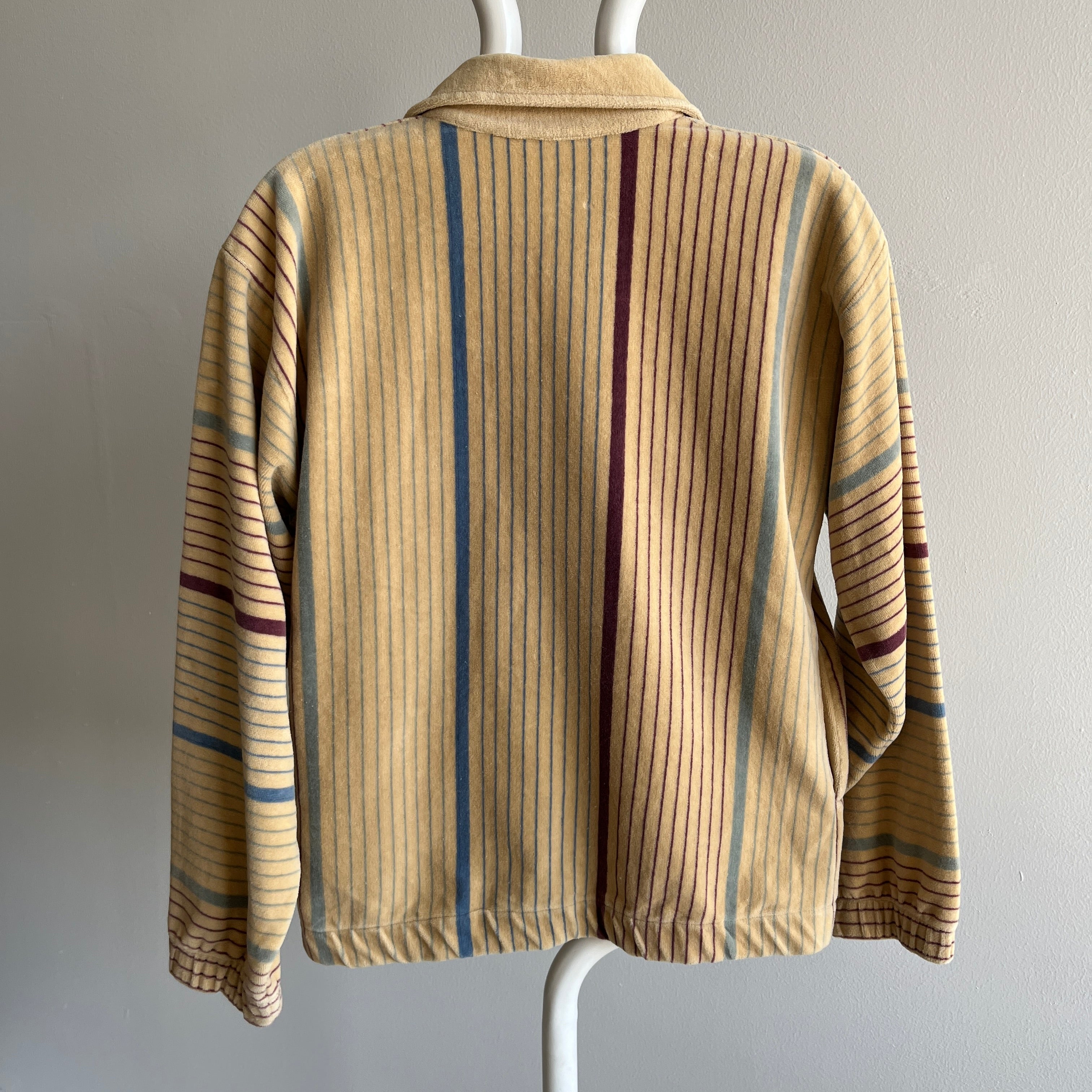 1980s Striped Velour Mock Neck Zip Up with Rust Age Spotting