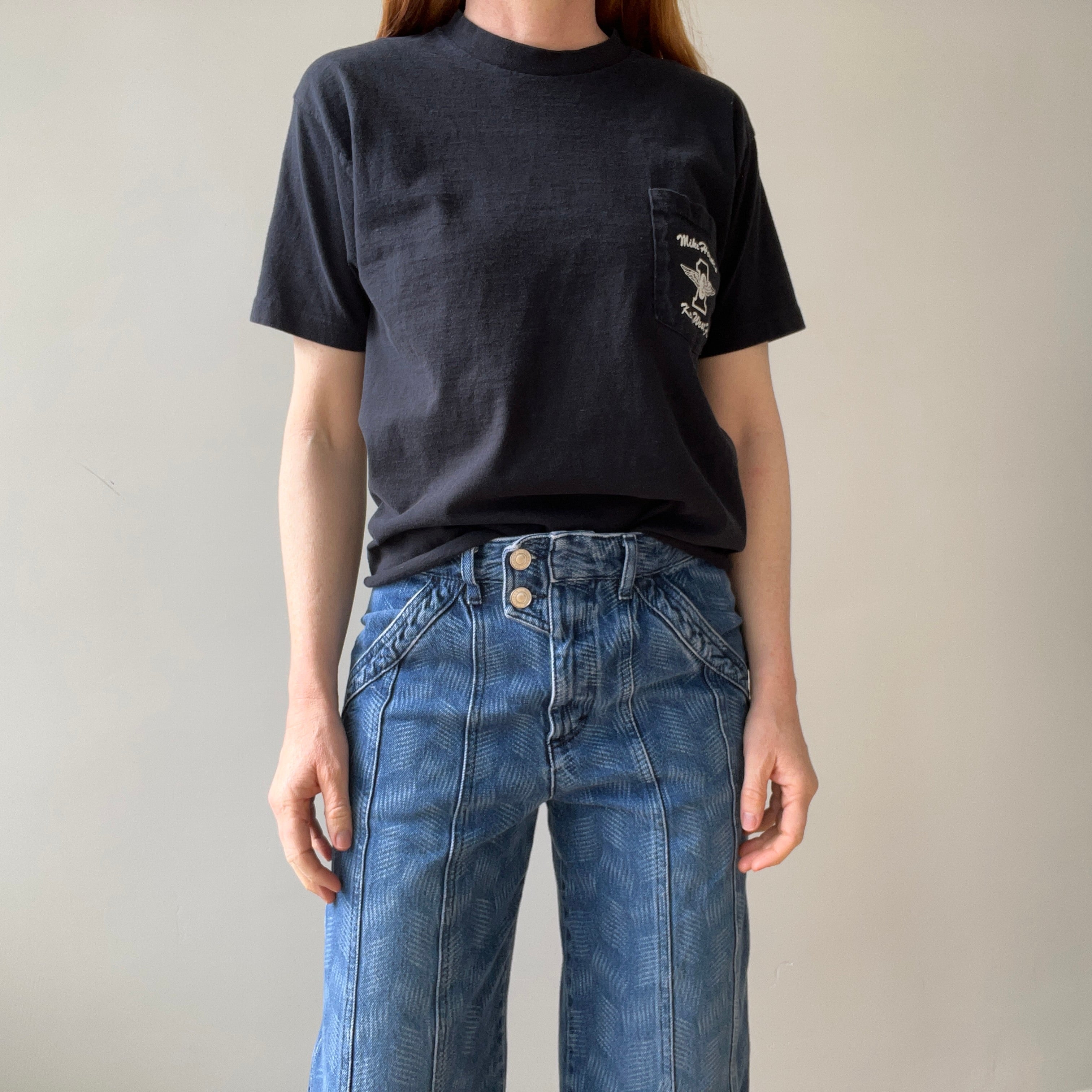 1970s BACKSIDE Horney's Harley Motorcycle Sales Cut Hem Selvedge Pocket T-Shirt - !!!