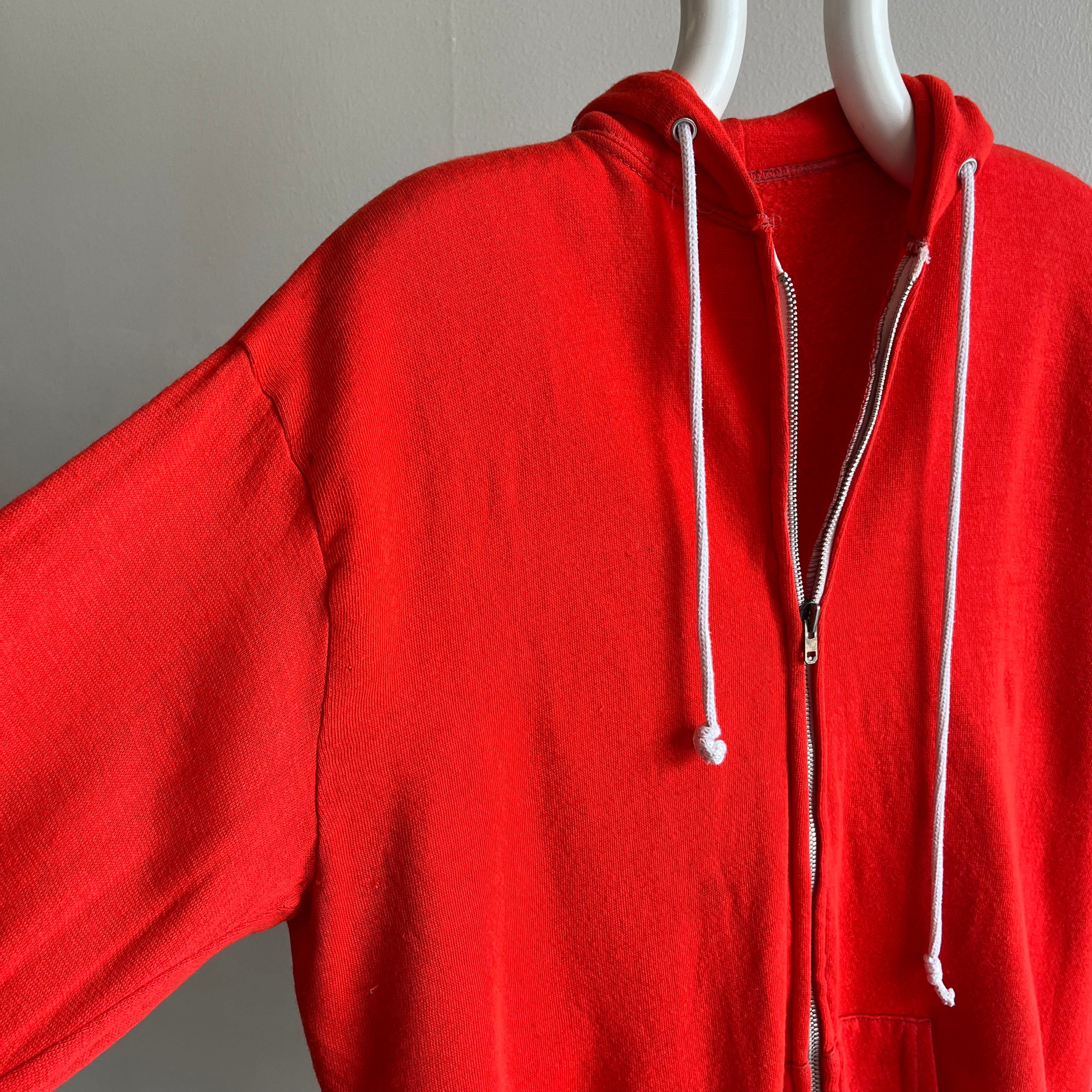 1970/80s Thin, Beat Up, Thrashed and Stained Acrylic Orange Zip Up Hoodie