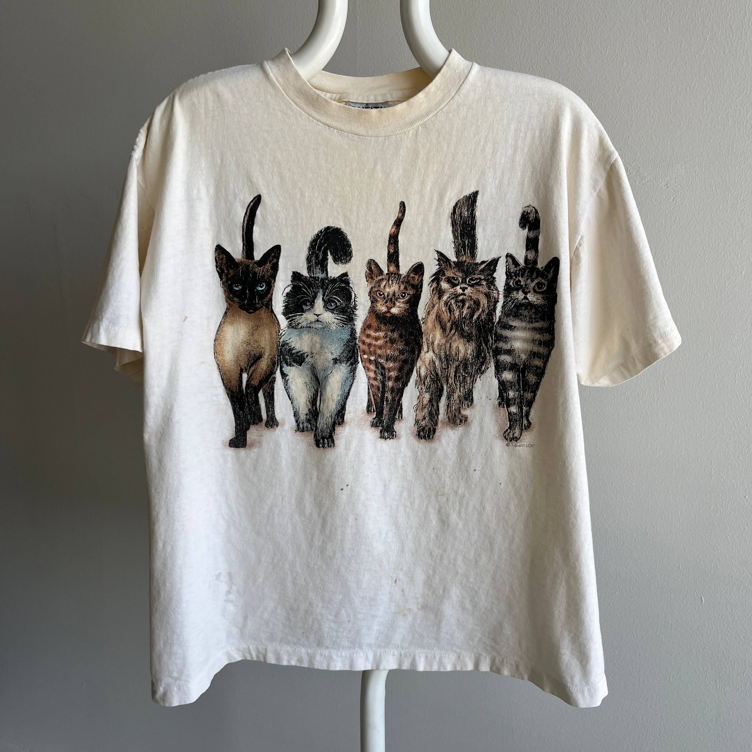 1990s Cat Tee Front and THE.BACK.SIDE Soft and Nicely Stained Boxy T-Shirt - A GEM