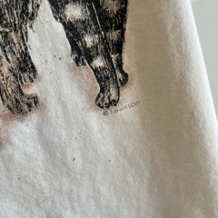 1990s Cat Tee Front and THE.BACK.SIDE Soft and Nicely Stained Boxy T-Shirt - A GEM