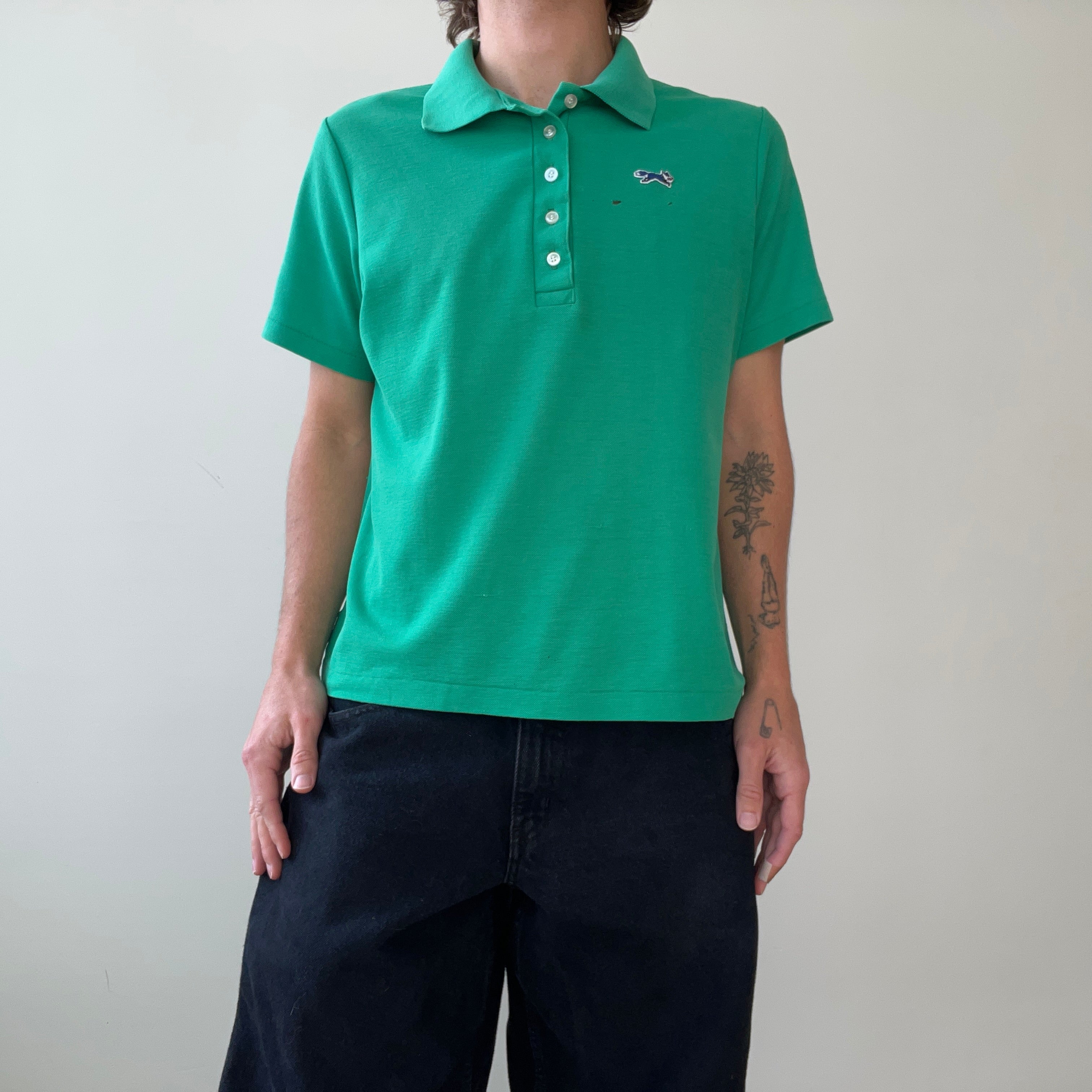 1970s/80s Blank Green Polo Style T Shirt - (Button Replaced)
