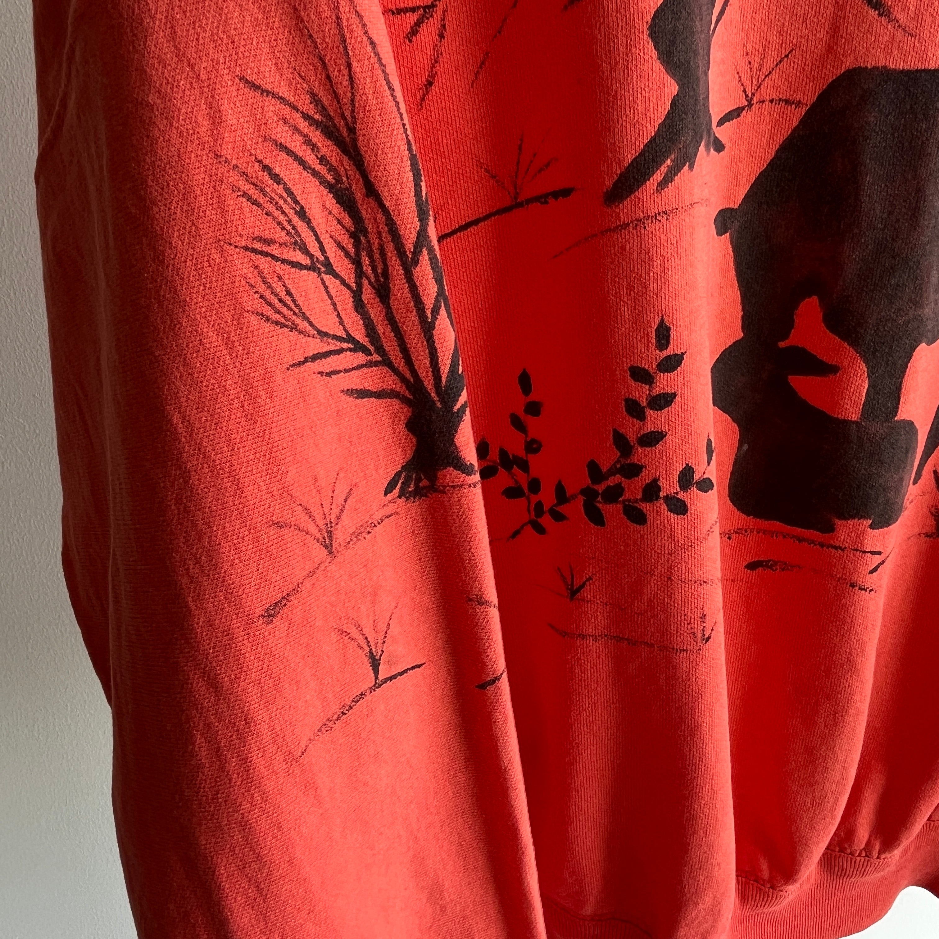 1980s DIY (?) Farm Scene Front, Back and Arm Super Thin and Slouchy Larger Orange Sweatshirt