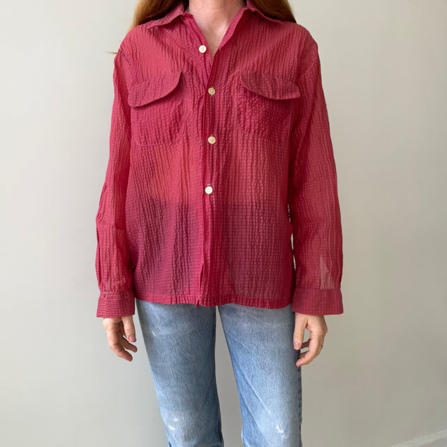 1950s Red Sheer Loop Collar Button Down Shirt