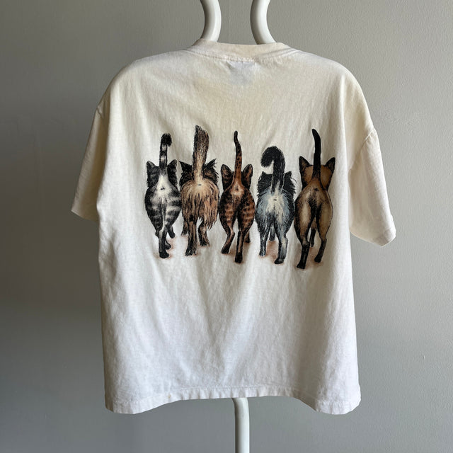 1990s Cat Tee Front and THE.BACK.SIDE Soft and Nicely Stained Boxy T-Shirt - A GEM