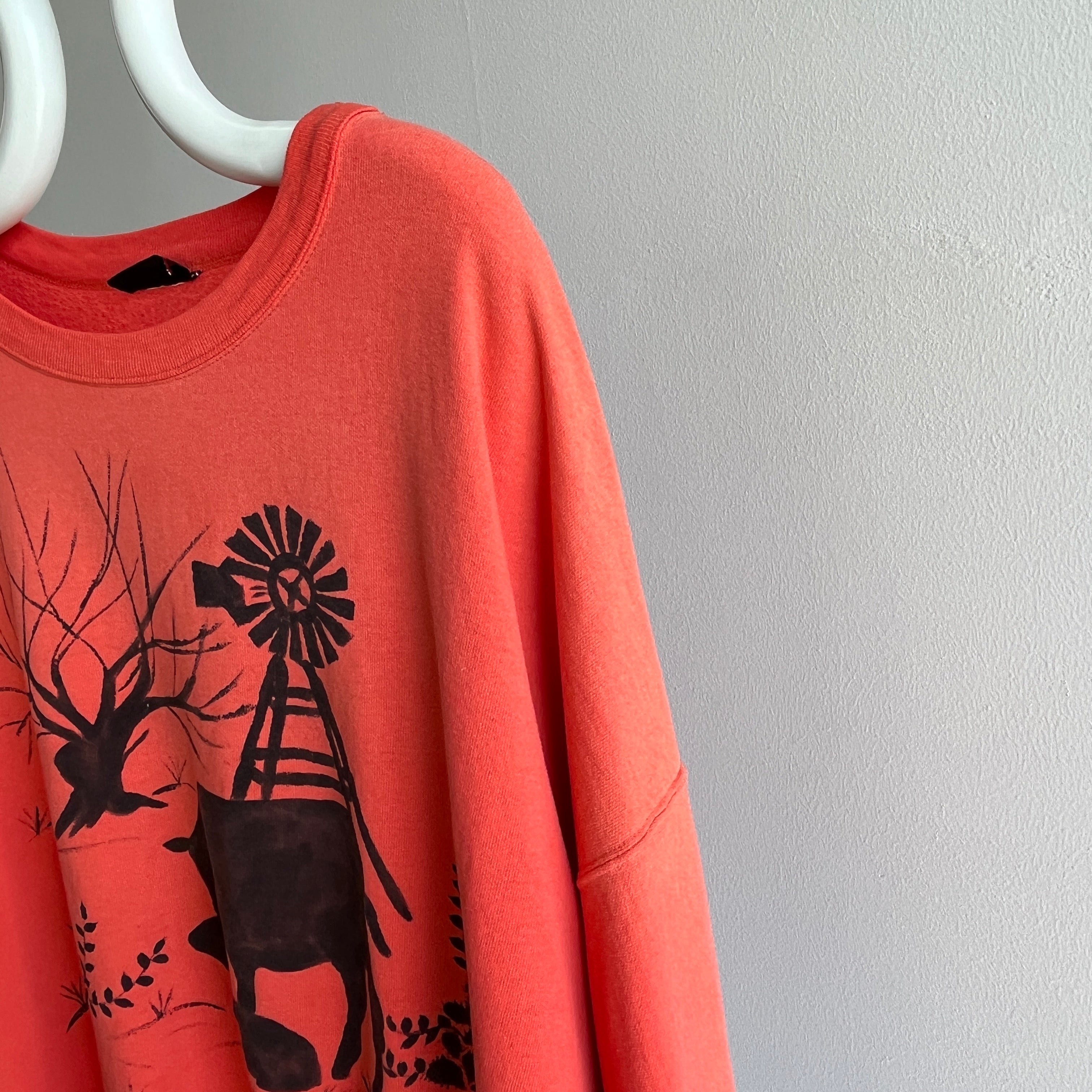 1980s DIY (?) Farm Scene Front, Back and Arm Super Thin and Slouchy Larger Orange Sweatshirt