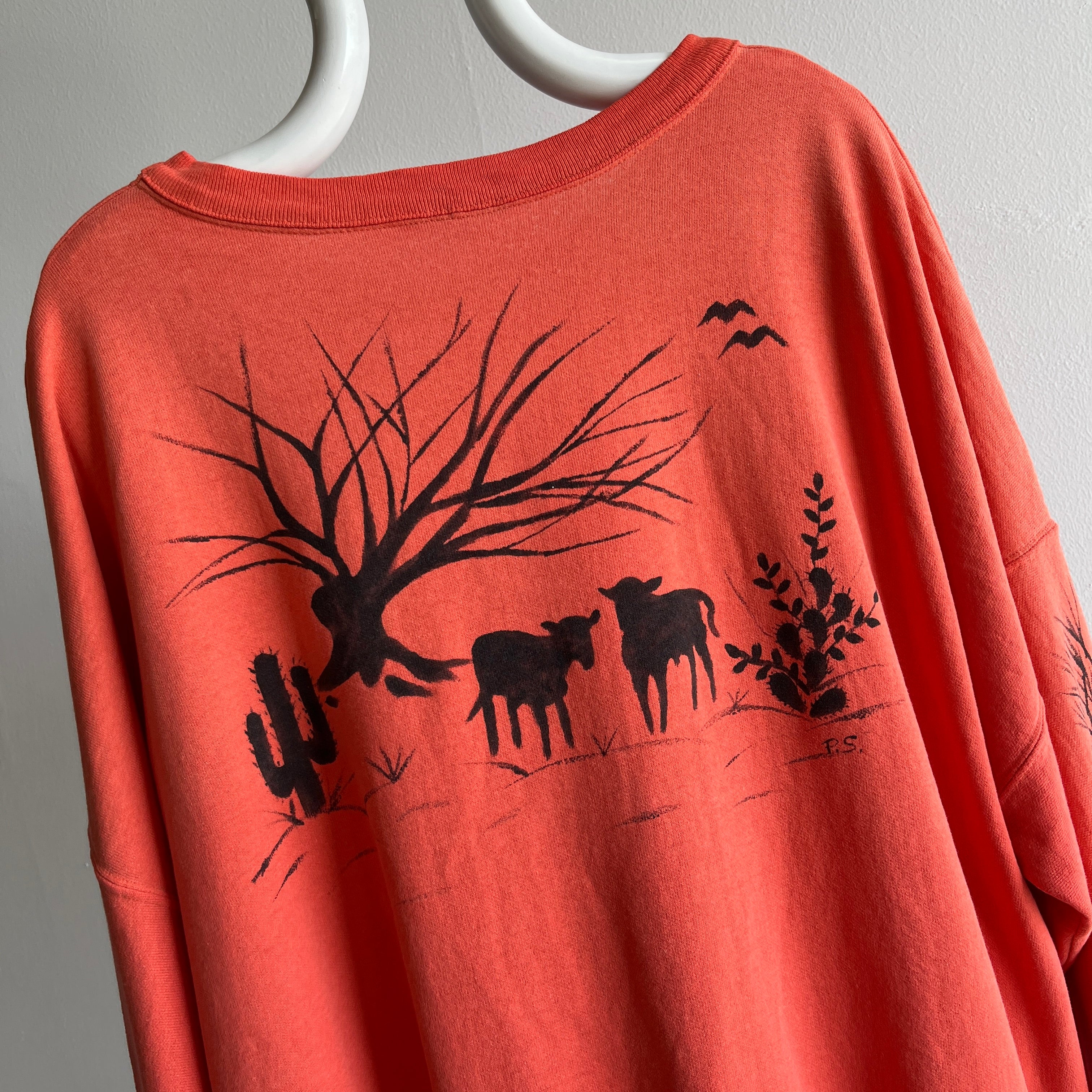 1980s DIY (?) Farm Scene Front, Back and Arm Super Thin and Slouchy Larger Orange Sweatshirt