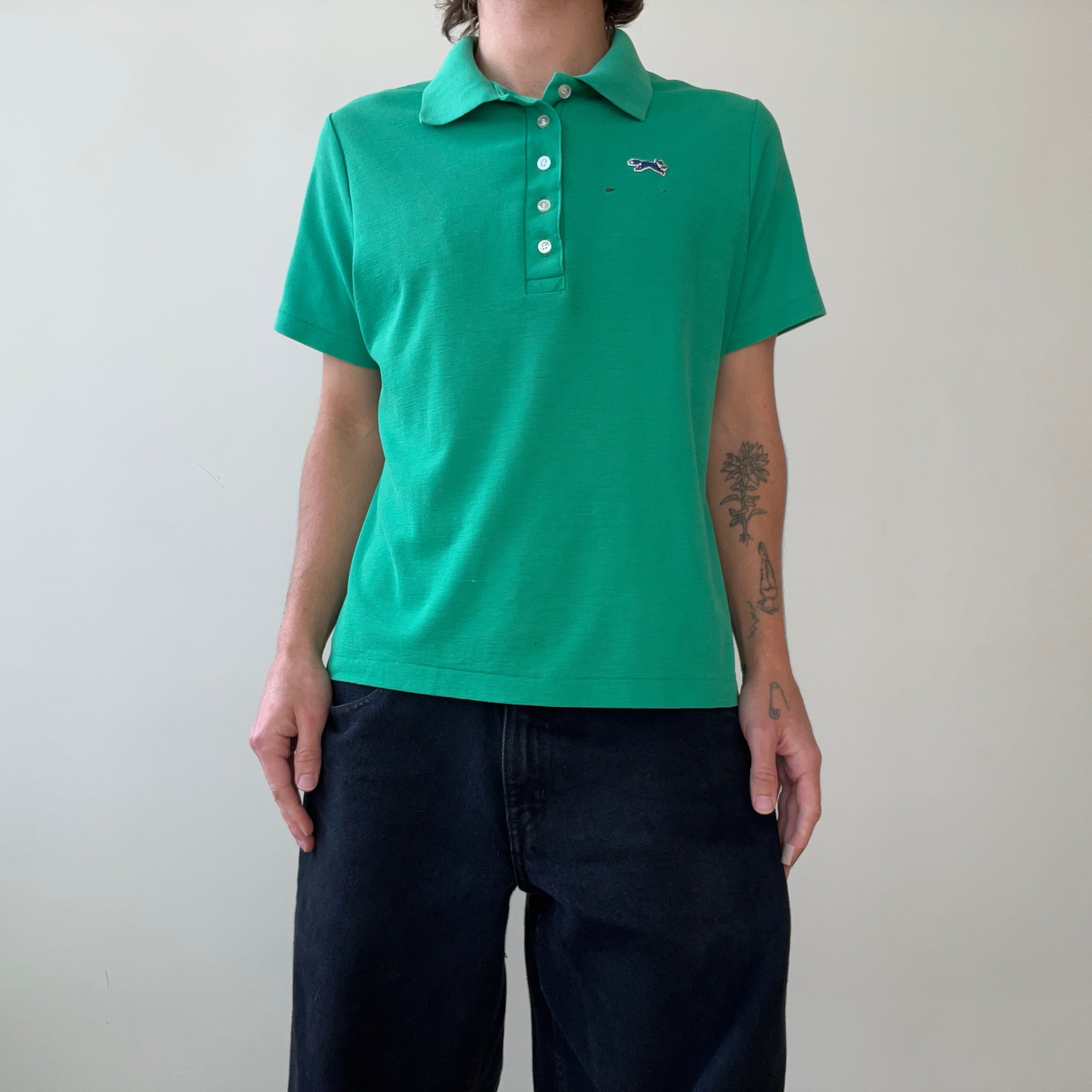 1970s/80s Blank Green Polo Style T Shirt - (Button Replaced)