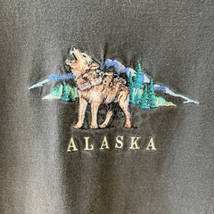 1990s Faded Black Embroidered Wolf T-Shirt