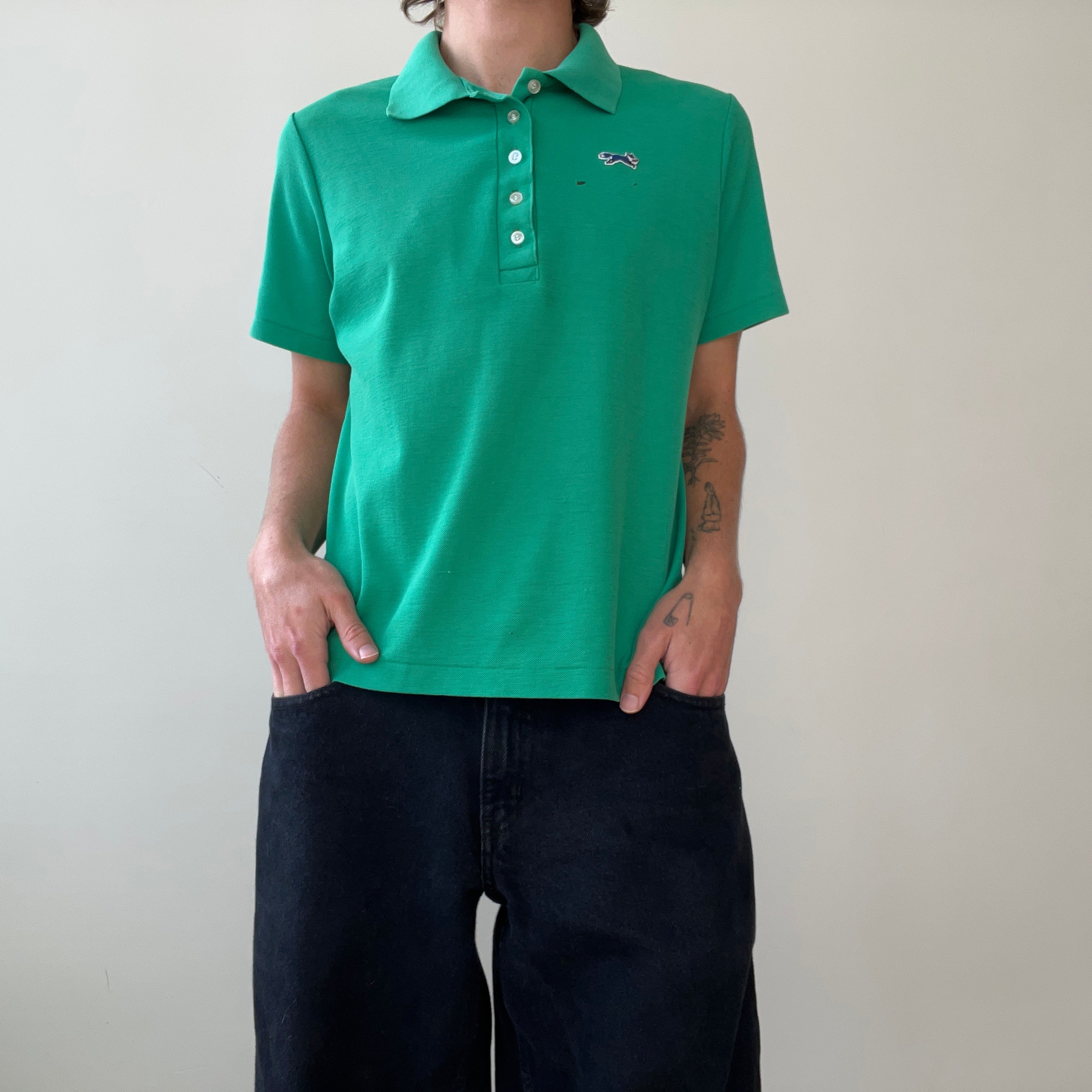 1970s/80s Blank Green Polo Style T Shirt - (Button Replaced)
