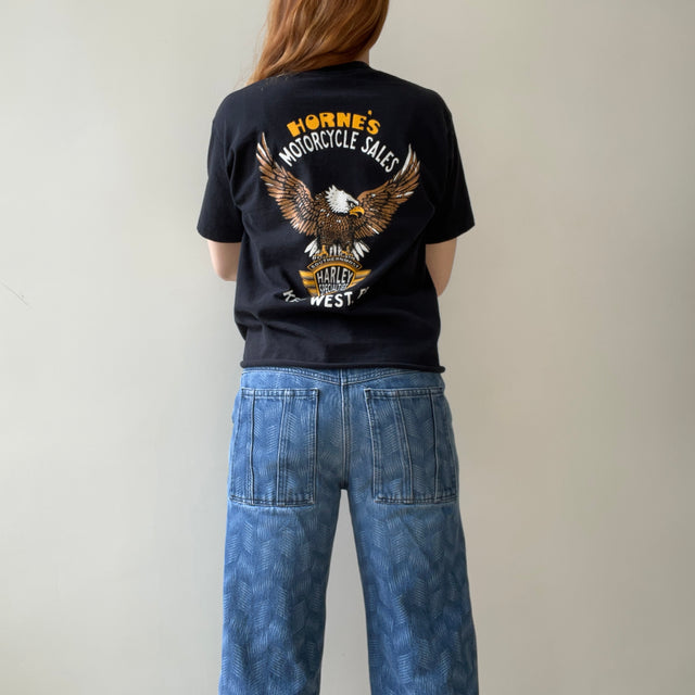 1970s BACKSIDE Horney's Harley Motorcycle Sales Cut Hem Selvedge Pocket T-Shirt - !!!