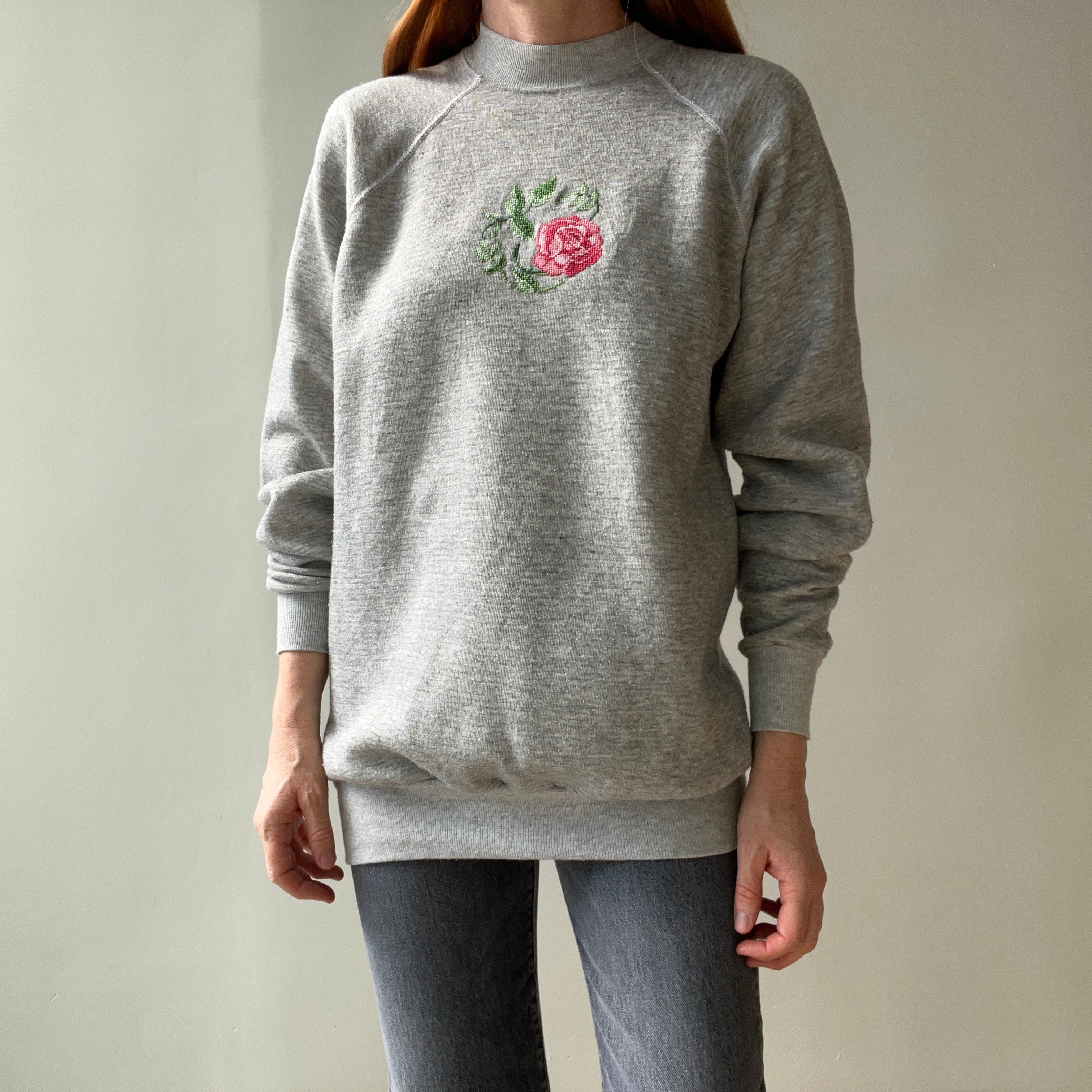 1980s Needlepoint DIY Rose Slouchy and Cozy Sweatshirt