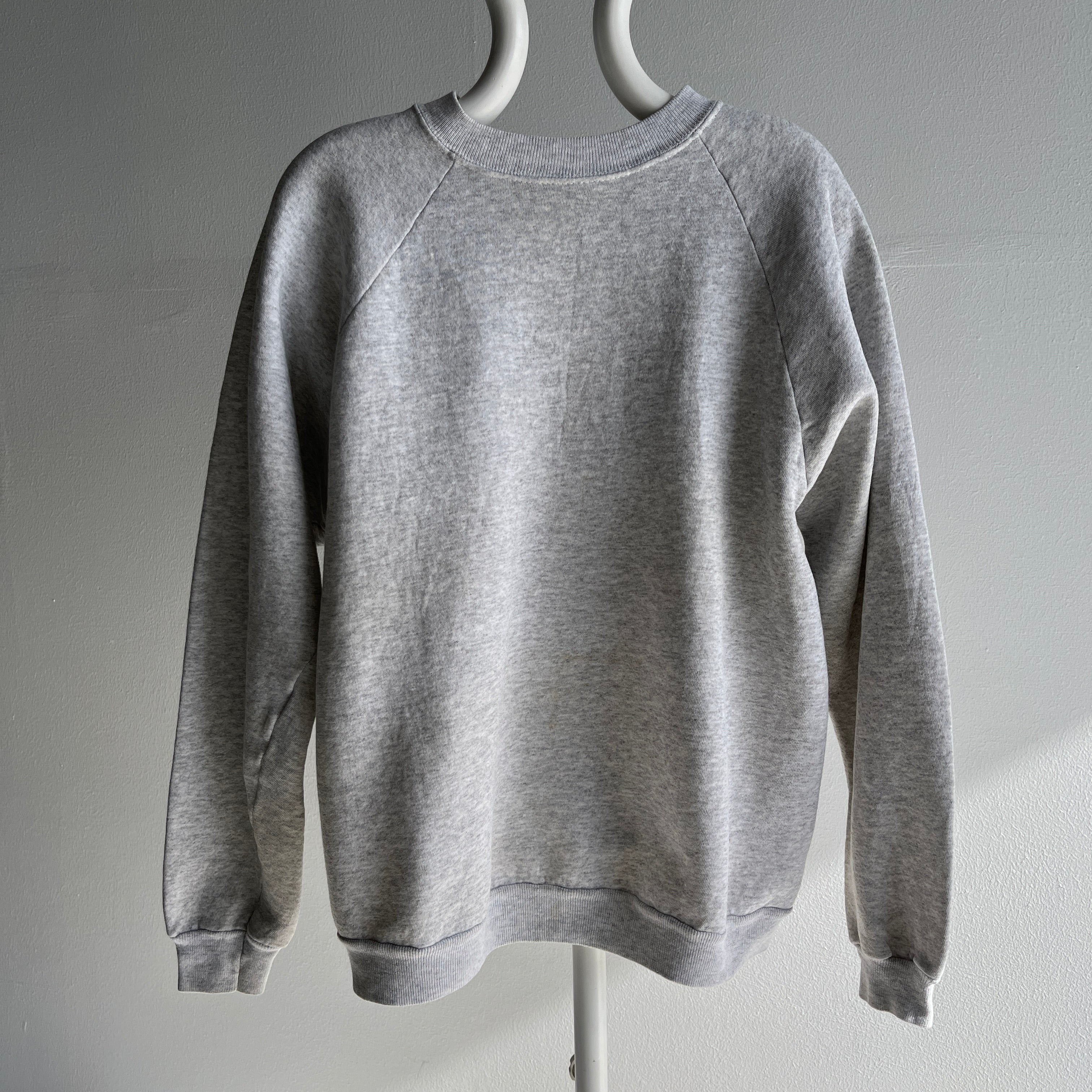 1980s Light Gray Nicely Stained Hanes Raglan Sweatshirt