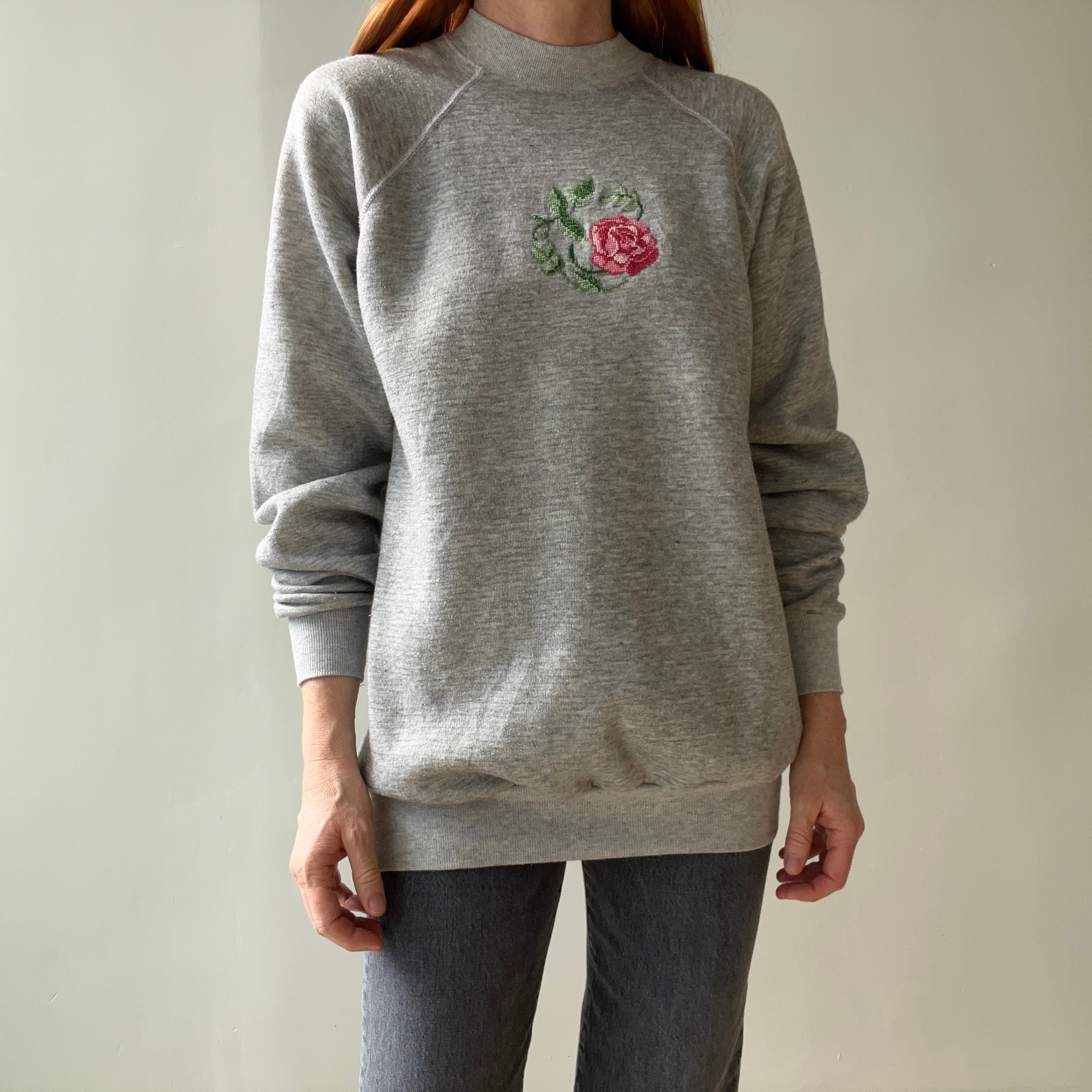 1980s Needlepoint DIY Rose Slouchy and Cozy Sweatshirt