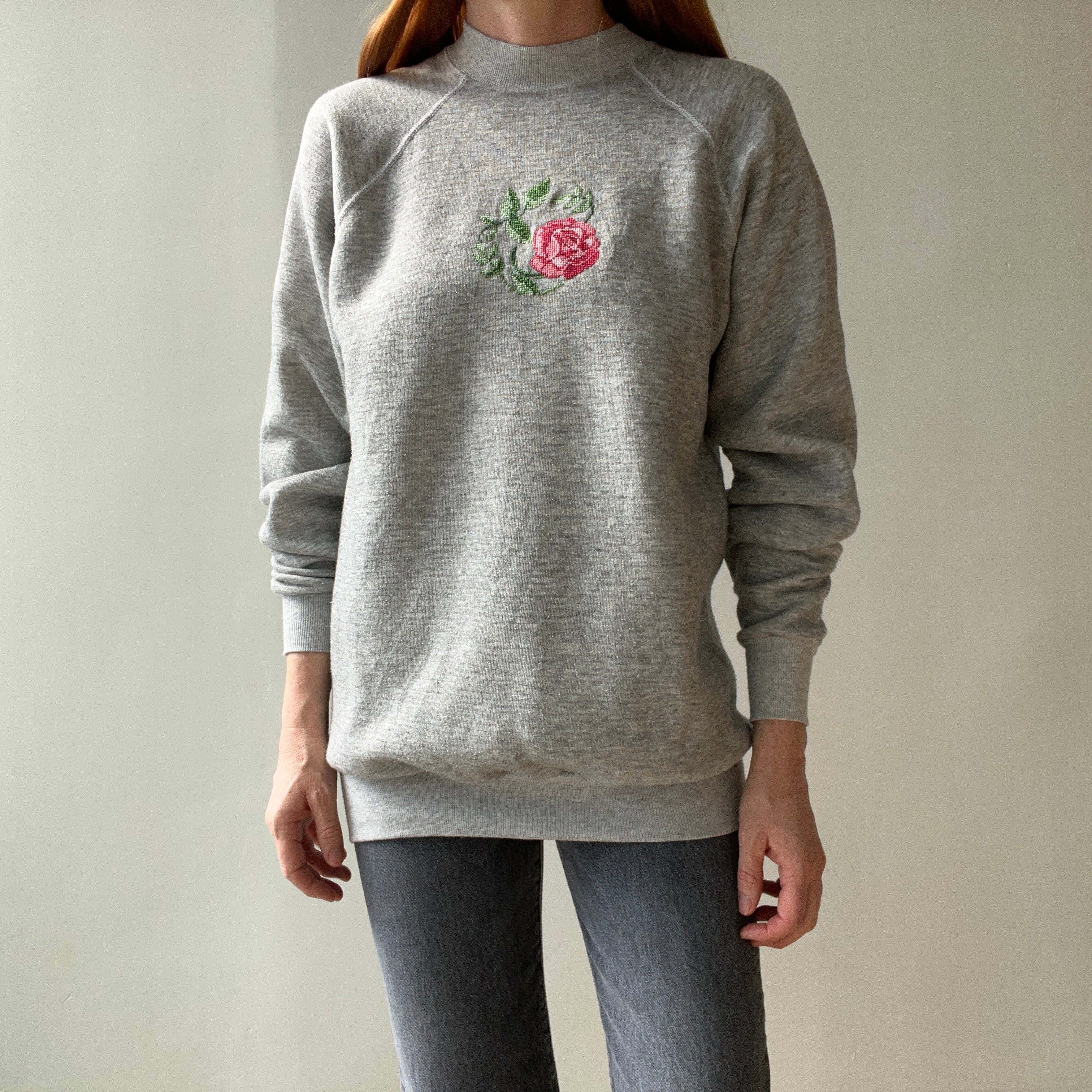 1980s Needlepoint DIY Rose Slouchy and Cozy Sweatshirt