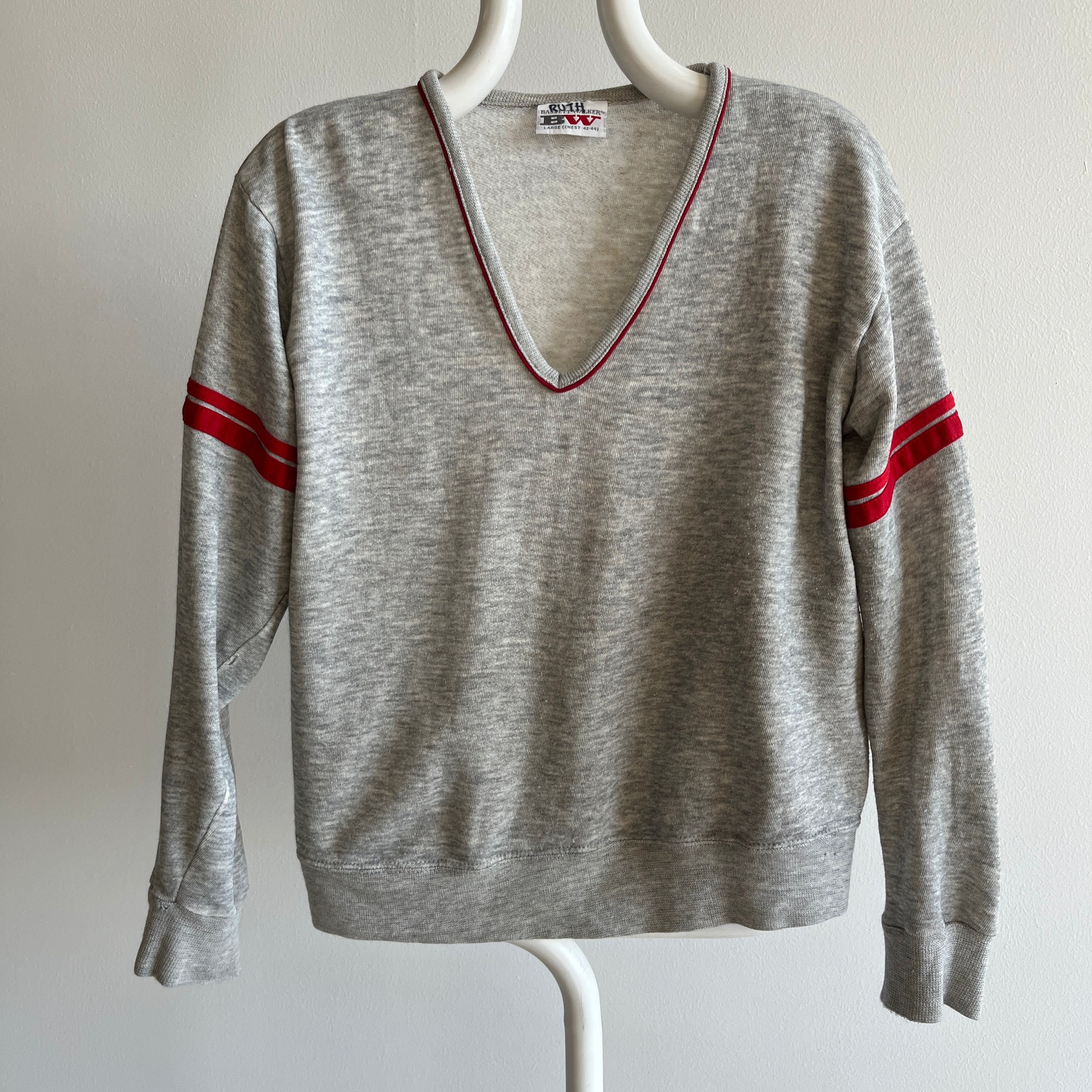 1980s Ruth's Paper Thin Worn Out Bassett Walker Double Stripe V-Neck Sweatshirt