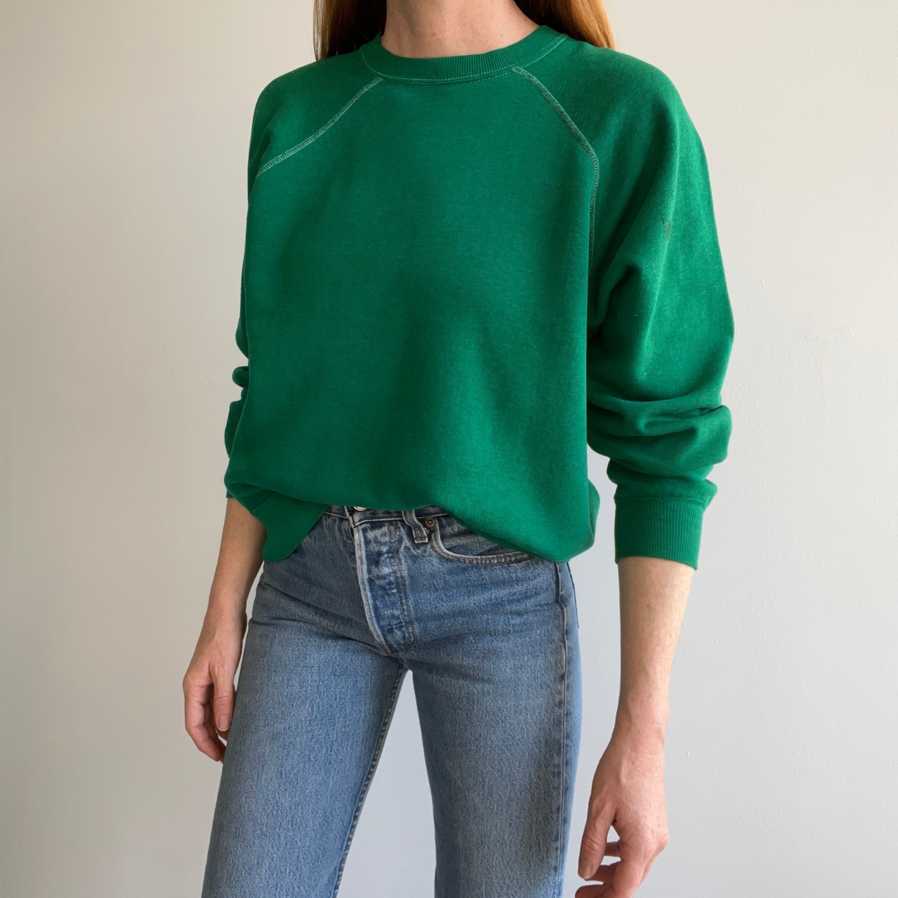 1970s Kelly Green Super Soft and Slouchy Raglan with Contrast Stitching