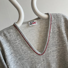 1980s Ruth's Paper Thin Worn Out Bassett Walker Double Stripe V-Neck Sweatshirt