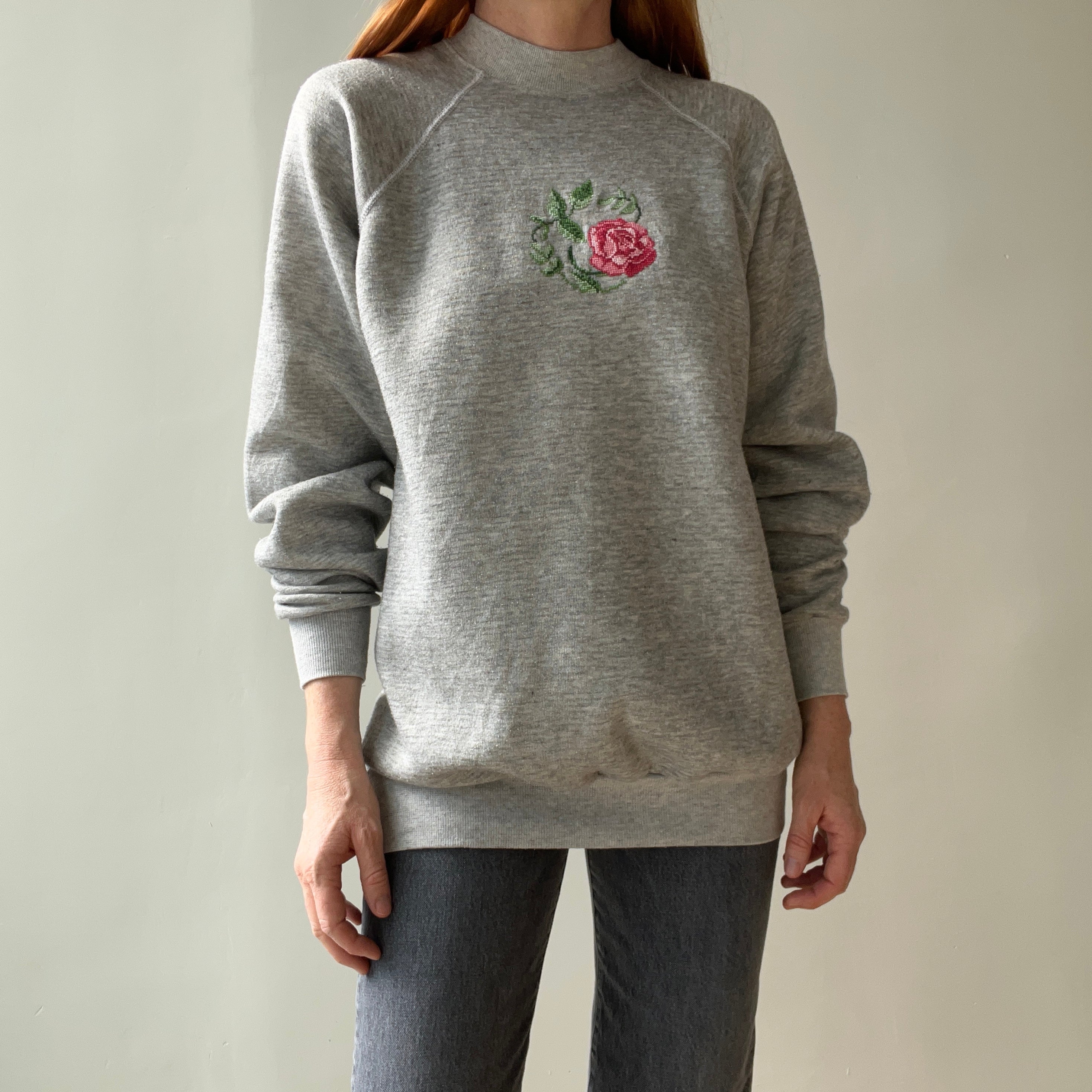 1980s Needlepoint DIY Rose Slouchy and Cozy Sweatshirt