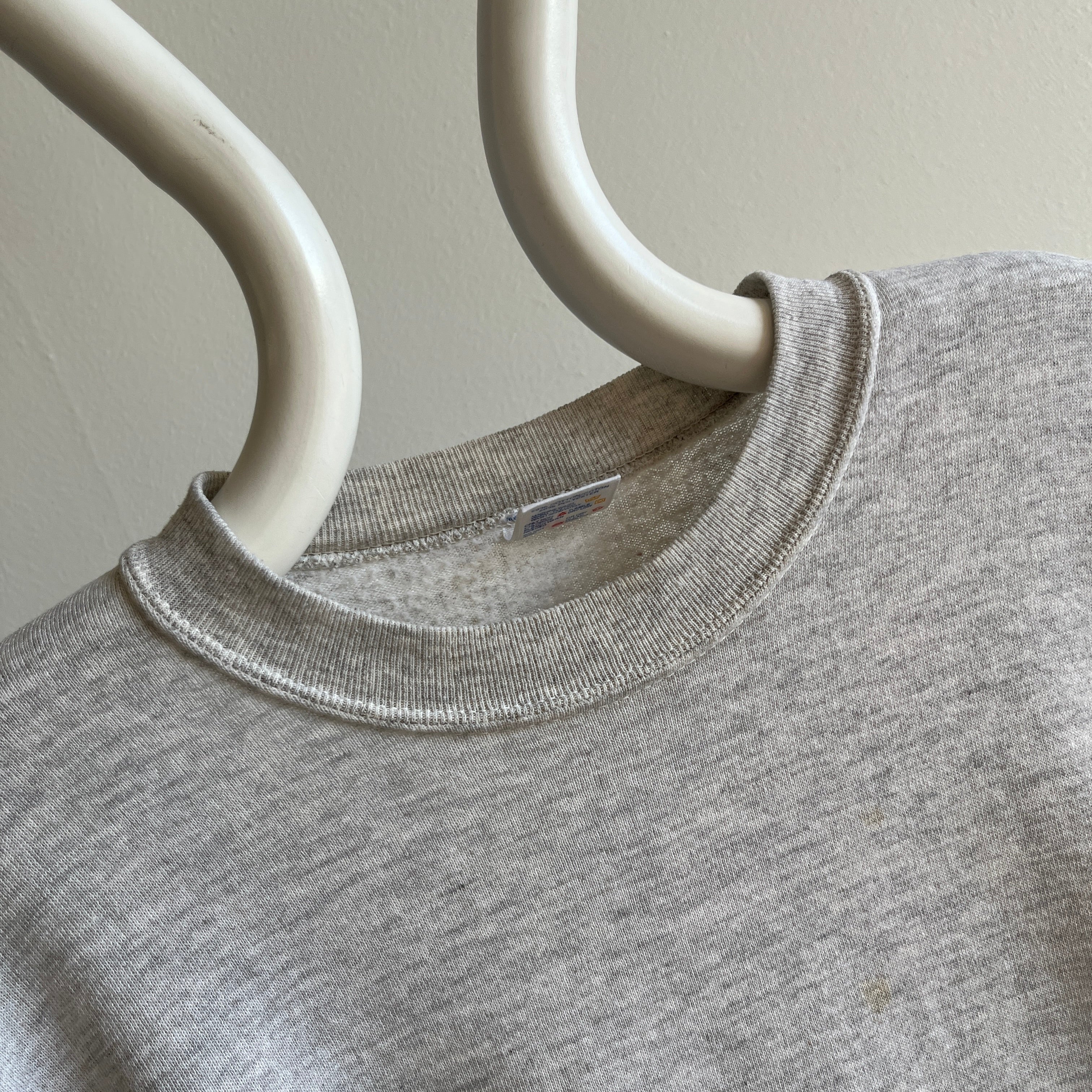 1980s Paper Thin Tattered, Torn, Worn, Stained Blank Gray Sweatshirt