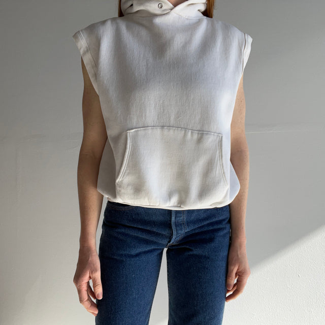 1980s Blank White Hoodie Warm Up Sweatshirt Vest