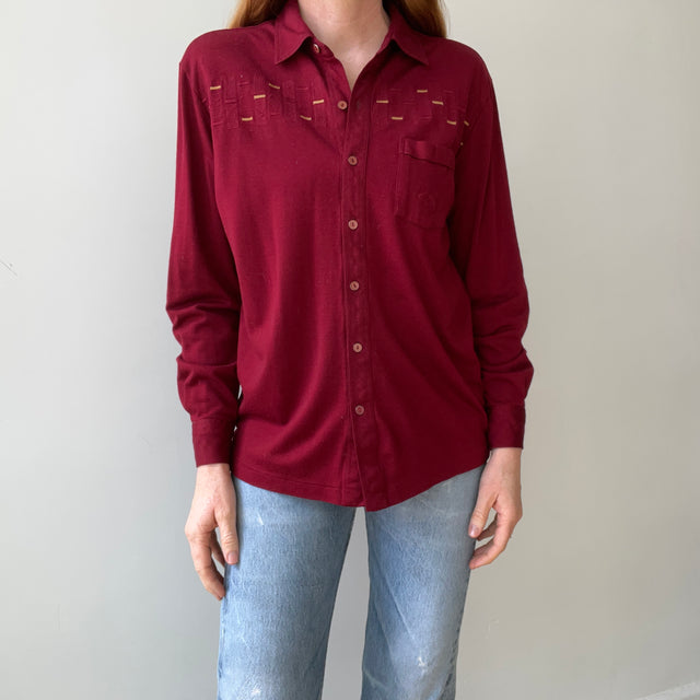 1950s Dark Red Cotton Rockabilly Button Down Shirt