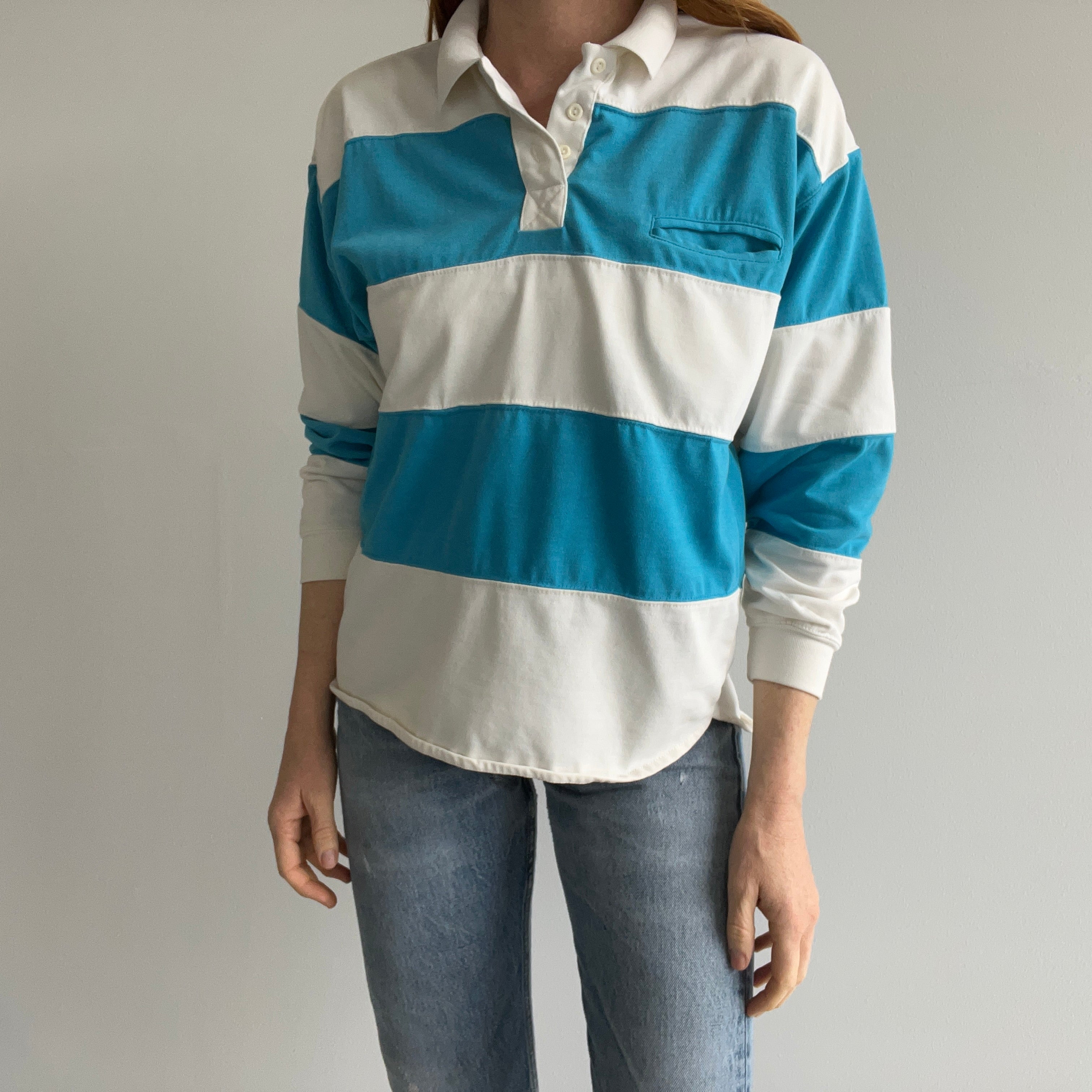 1980s Color Block Long Sleeve Polo with a Pocket!