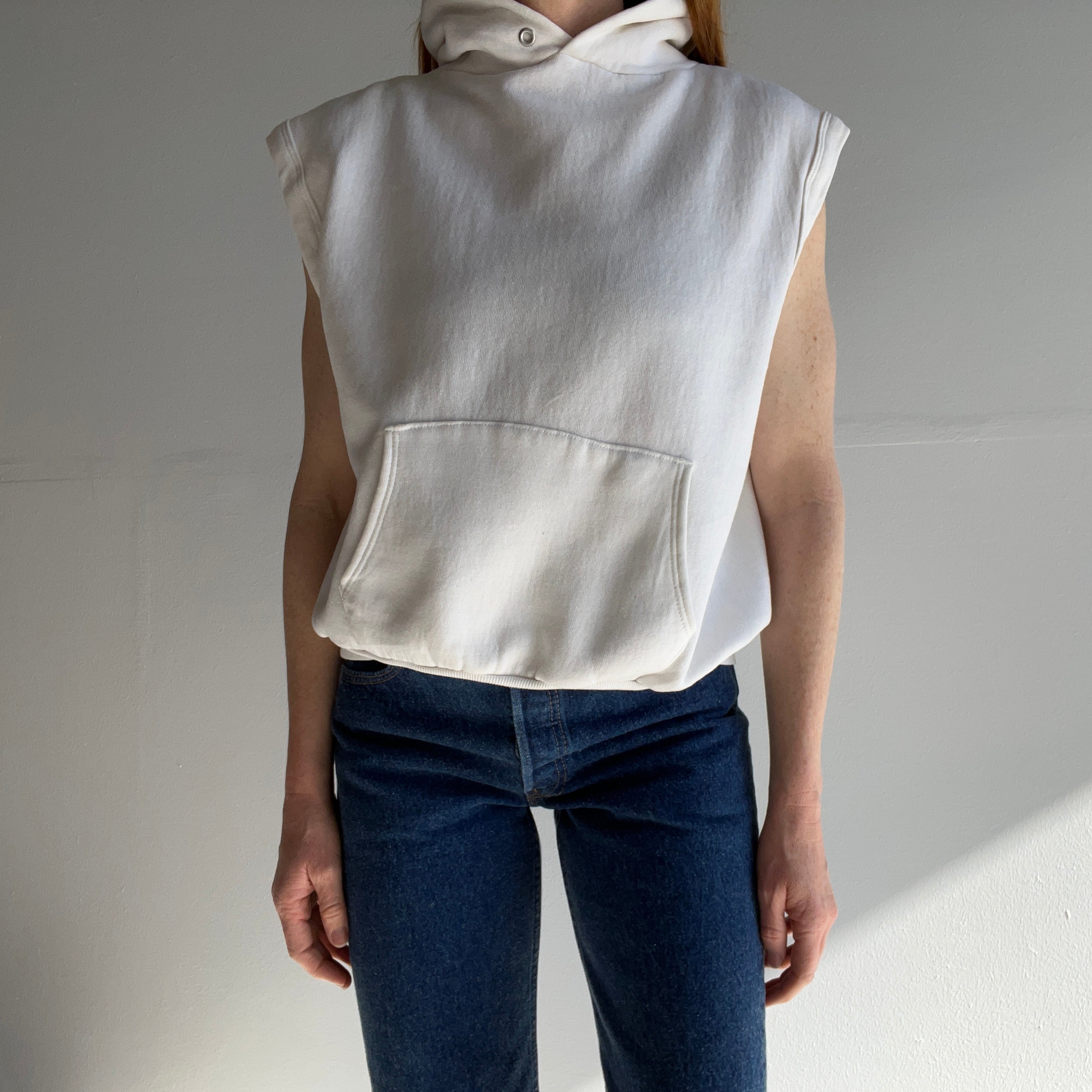 1980s Blank White Hoodie Warm Up Sweatshirt Vest