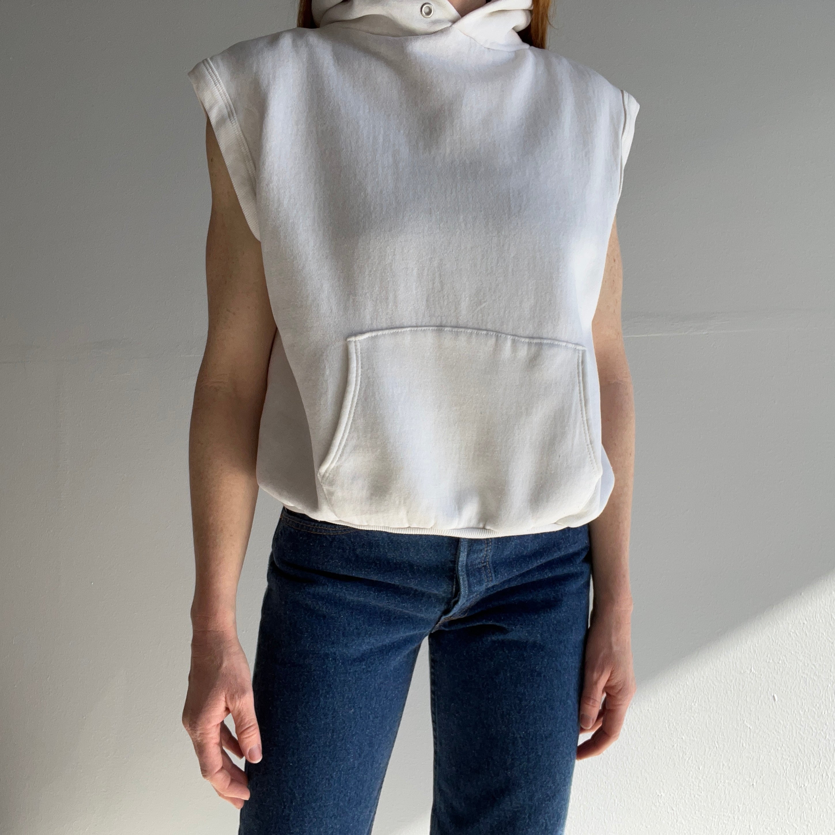1980s Blank White Hoodie Warm Up Sweatshirt Vest
