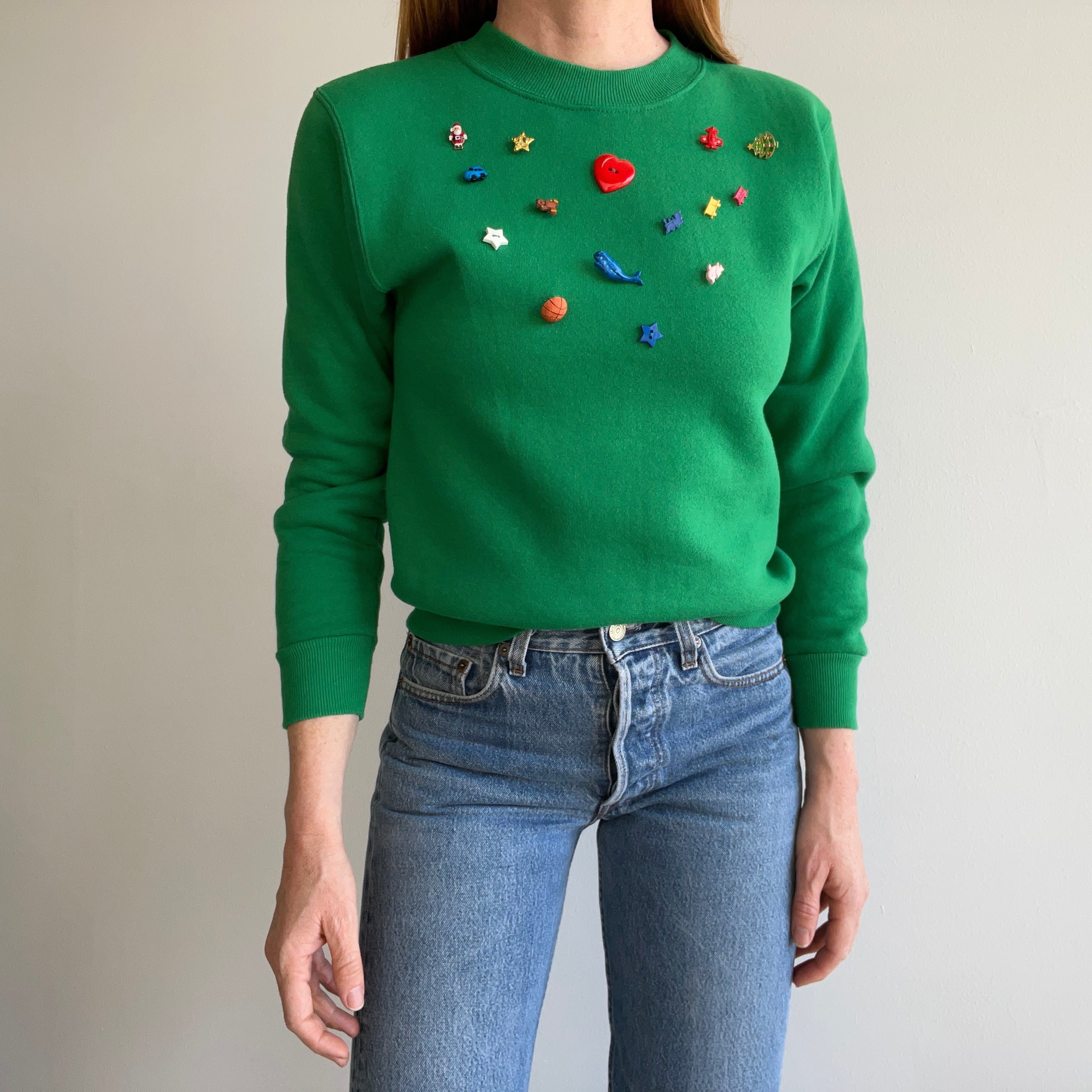 1980s Lee Brand Novelty Christmas Pin/Button Sweatshirt - WOW