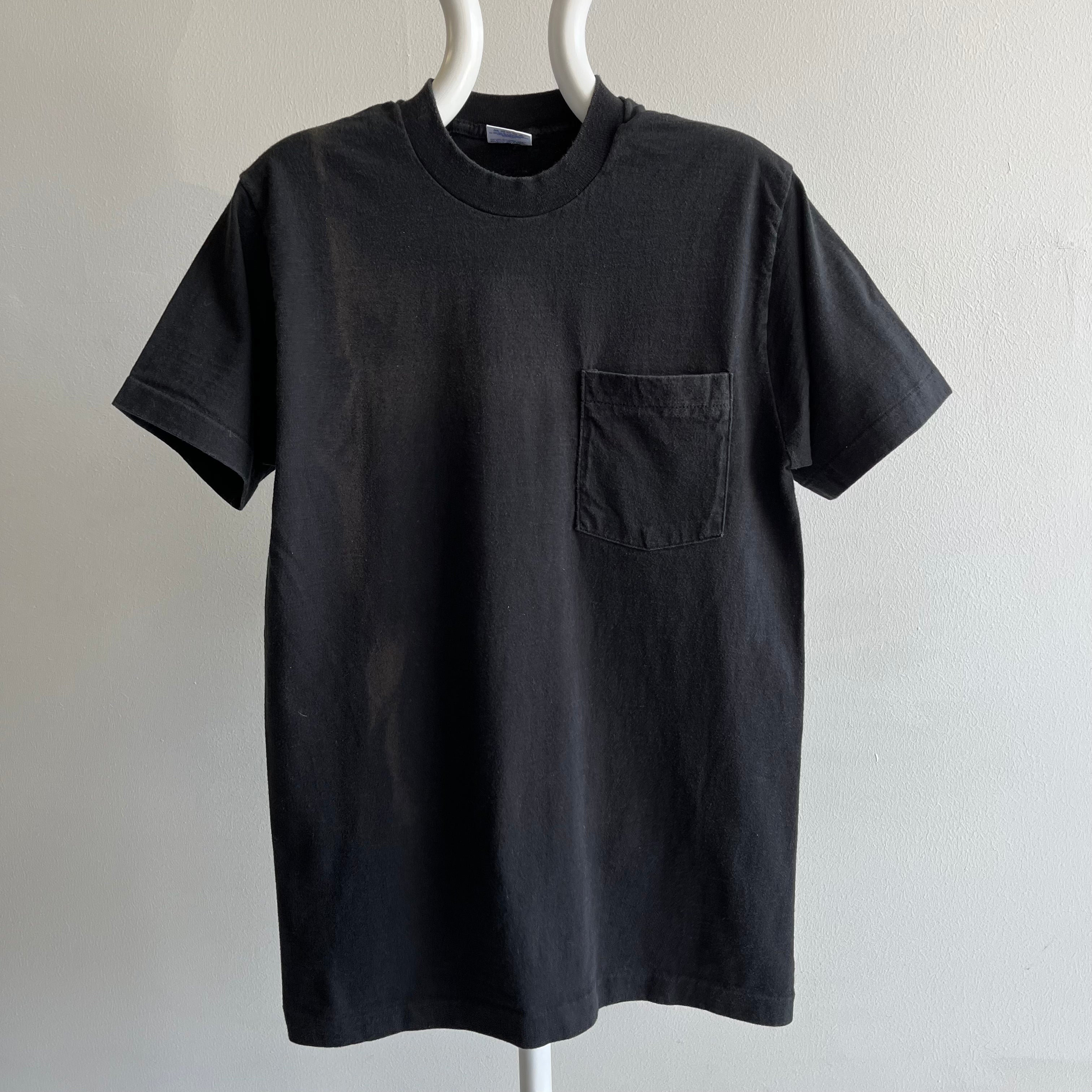 1980s Sun Faded Selvedge Pocket USA Made Blank Black T-Shirt