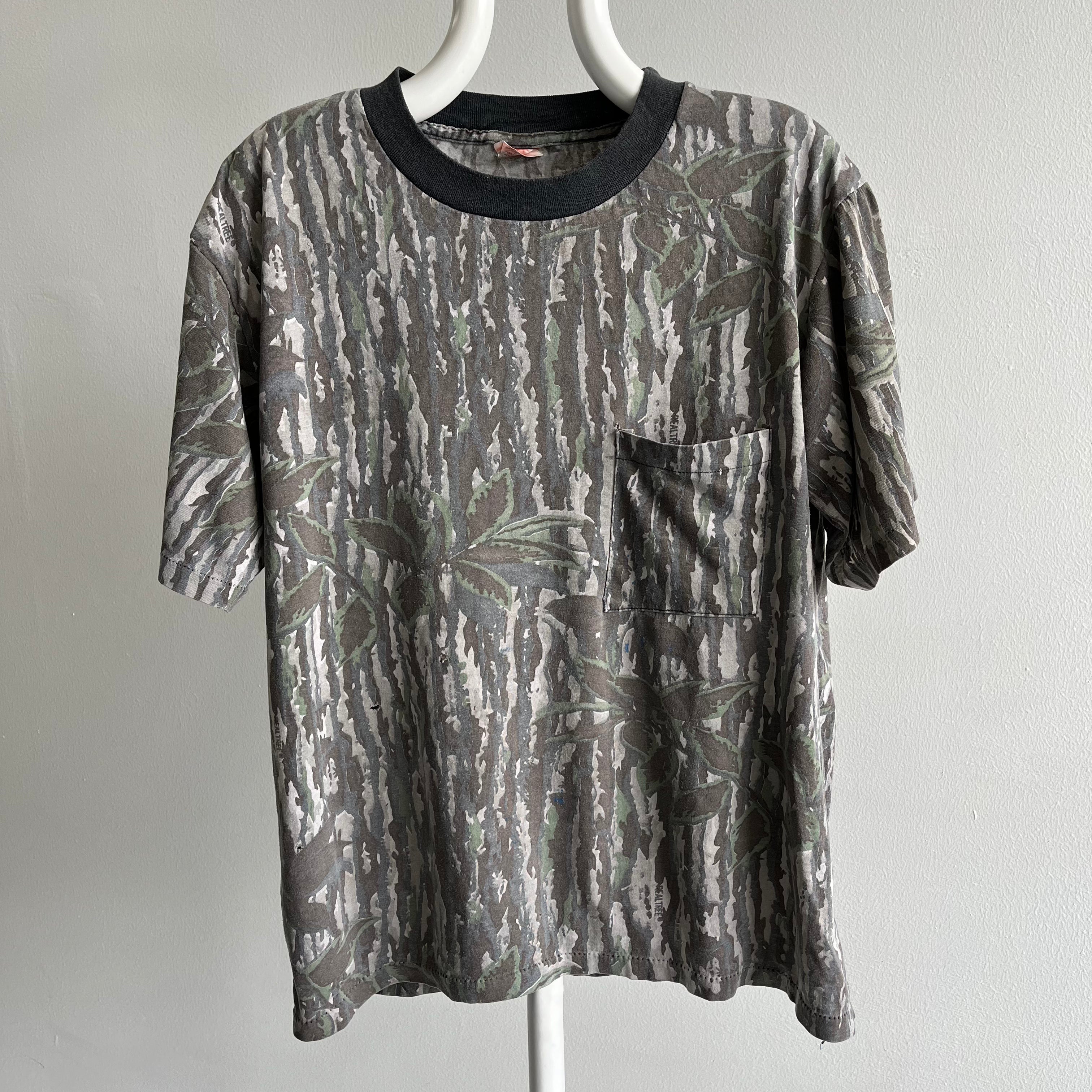 1980s Tree Bark Camo Pocket T-Shirt with Seam Mending