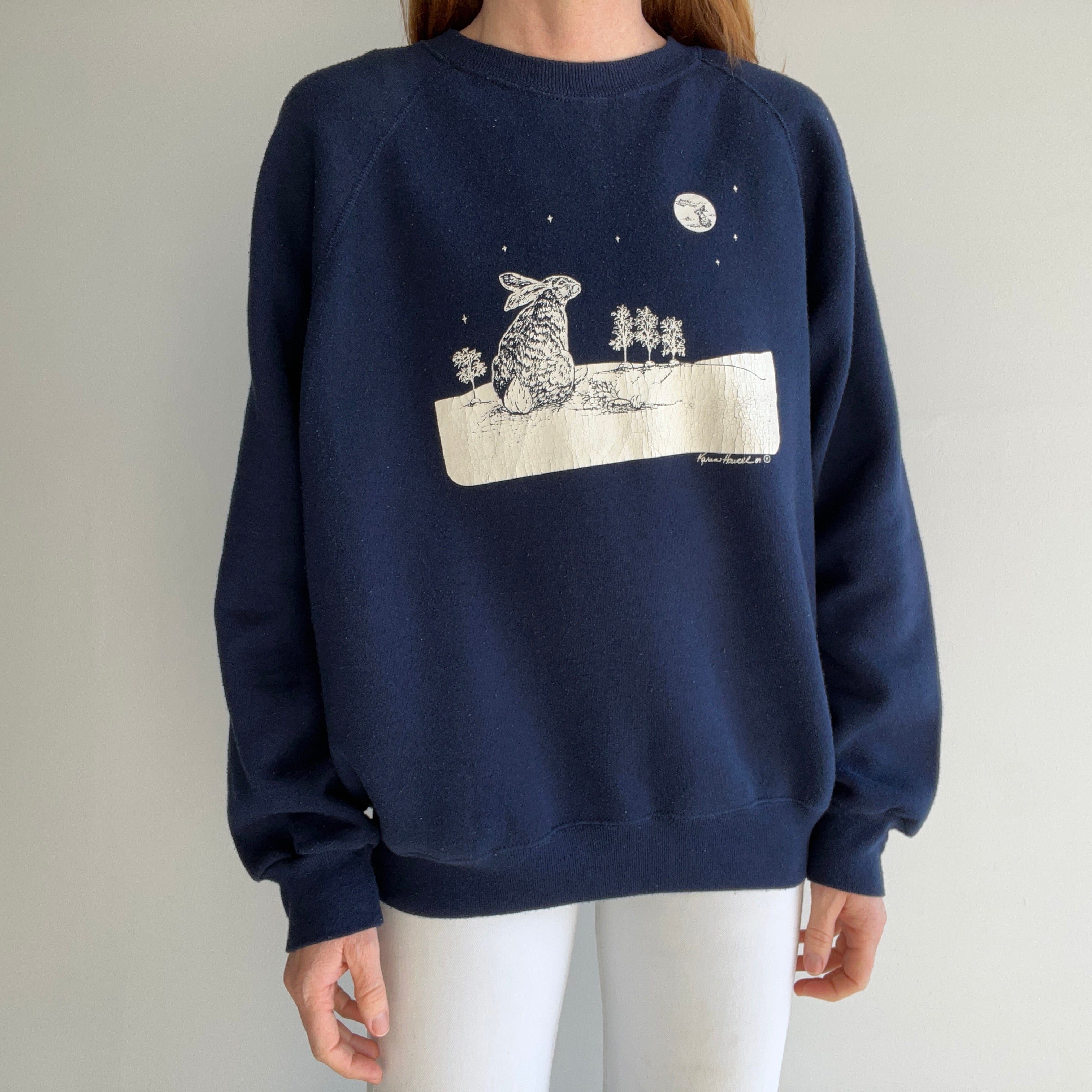 1989 Bunny Rabbit Staring at a Bunny Rabbit Moon Sweatshirt - Awwwwwwww