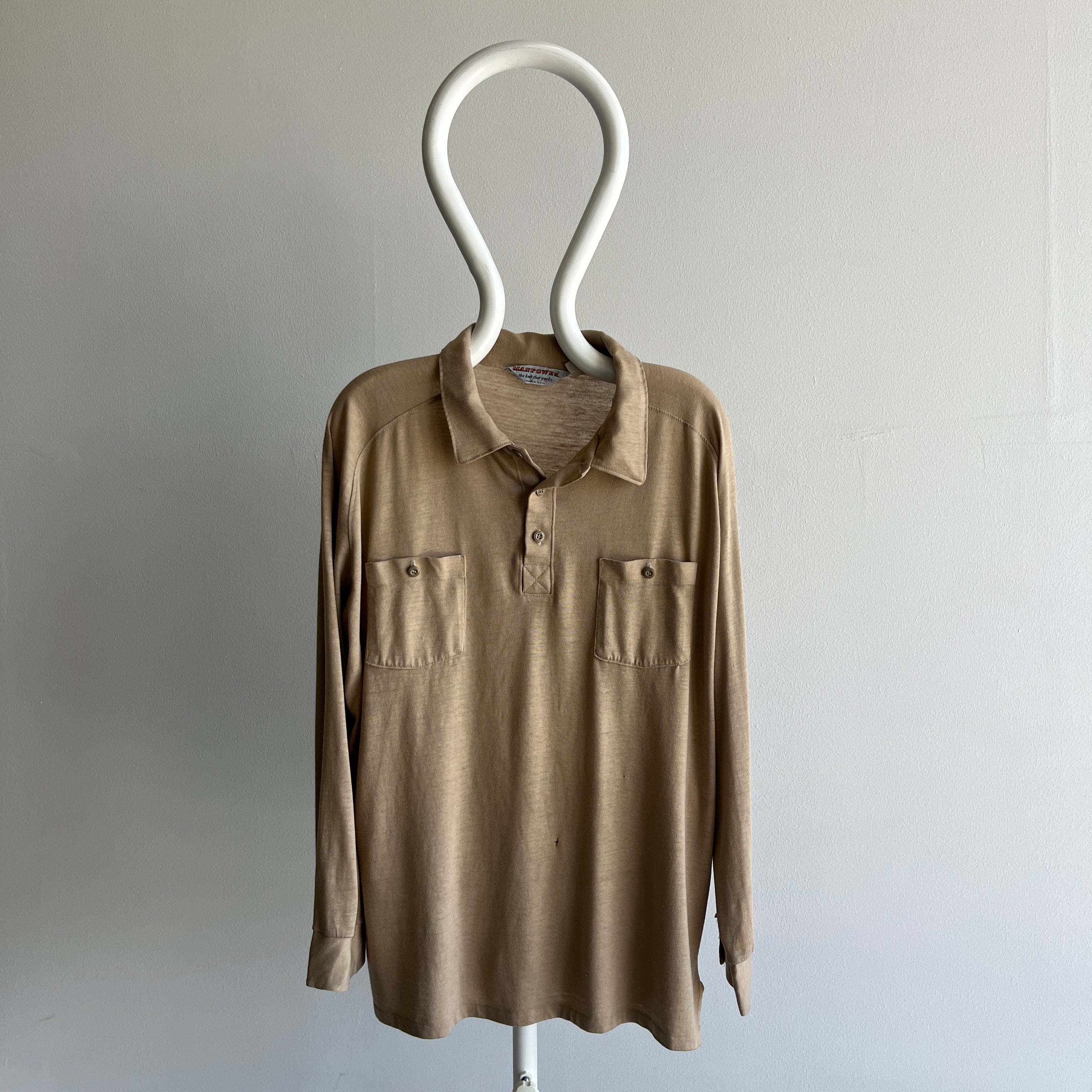 1970/80s Super Thin, Soft and Slouchy Long Sleeve Khaki Polo Shirt