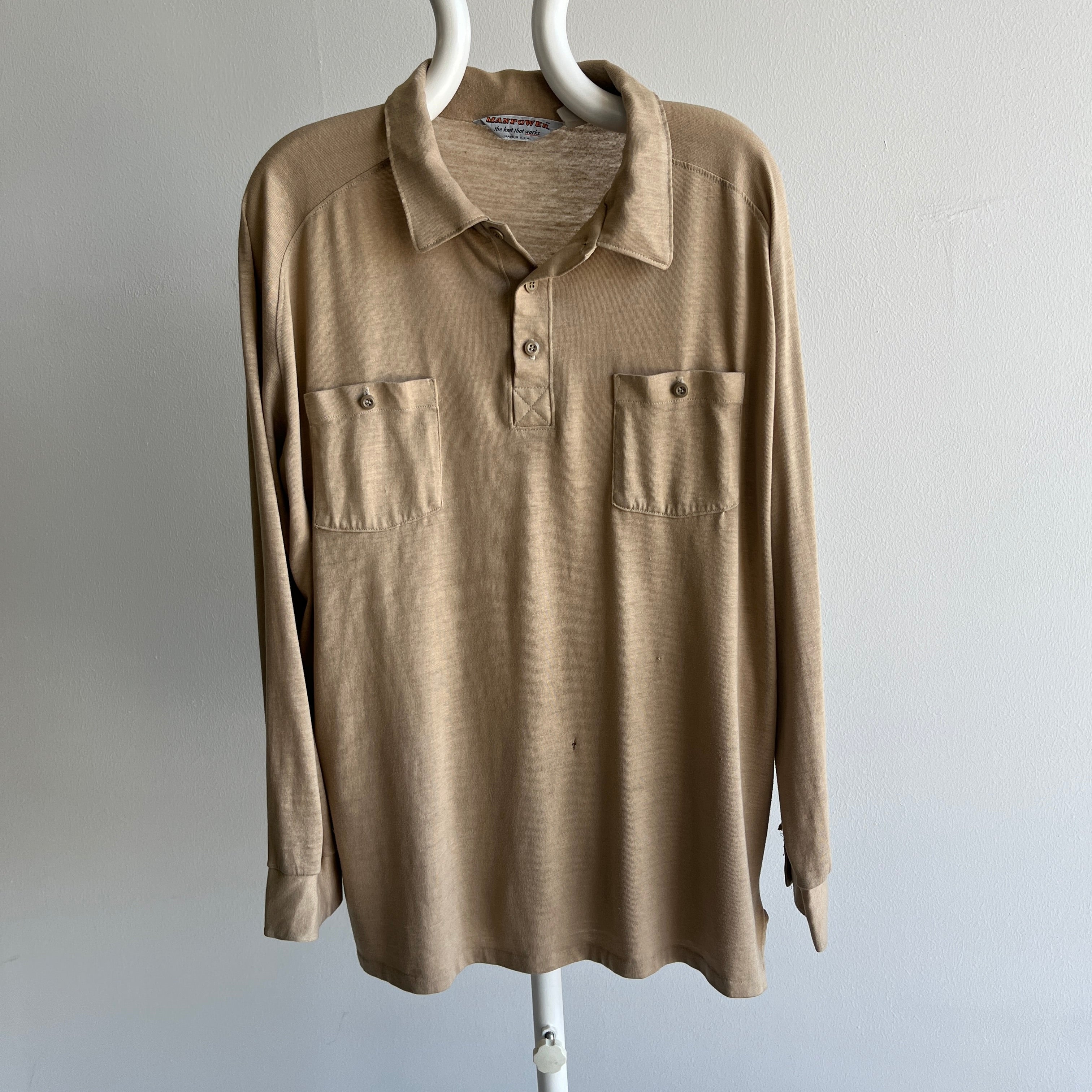 1970/80s Super Thin, Soft and Slouchy Long Sleeve Khaki Polo Shirt