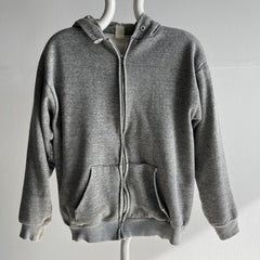 1980s Tattered and Torn Blank Gray Zip Up Insulated Hoodie - Smaller Fit